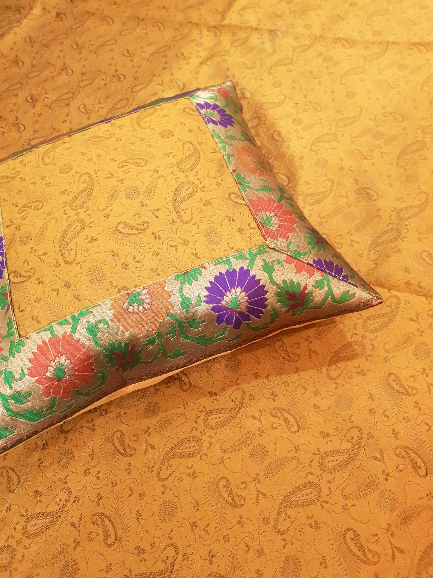 Banarasi Mustard Bed Cushion & Pillow Cover Set Silk Woven Brocade Indian Gift
