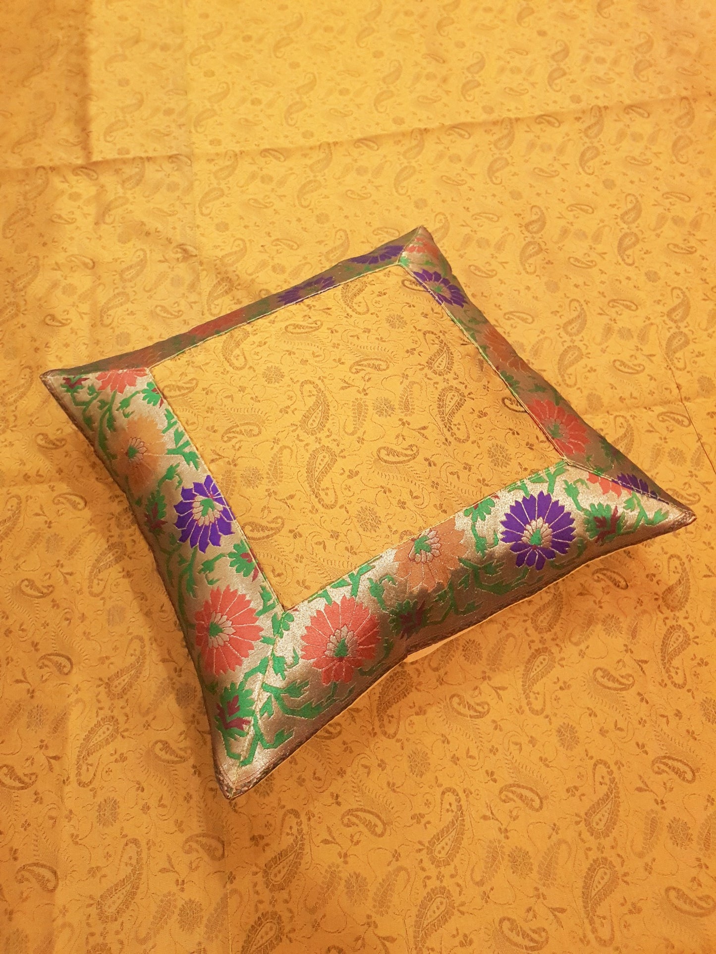 Banarasi Mustard Bed Cushion & Pillow Cover Set Silk Woven Brocade Indian Gift