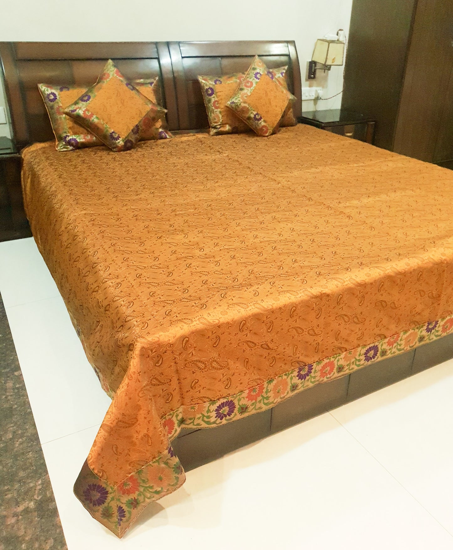 Banarasi Mustard Bed Cushion & Pillow Cover Set Silk Woven Brocade Indian Gift