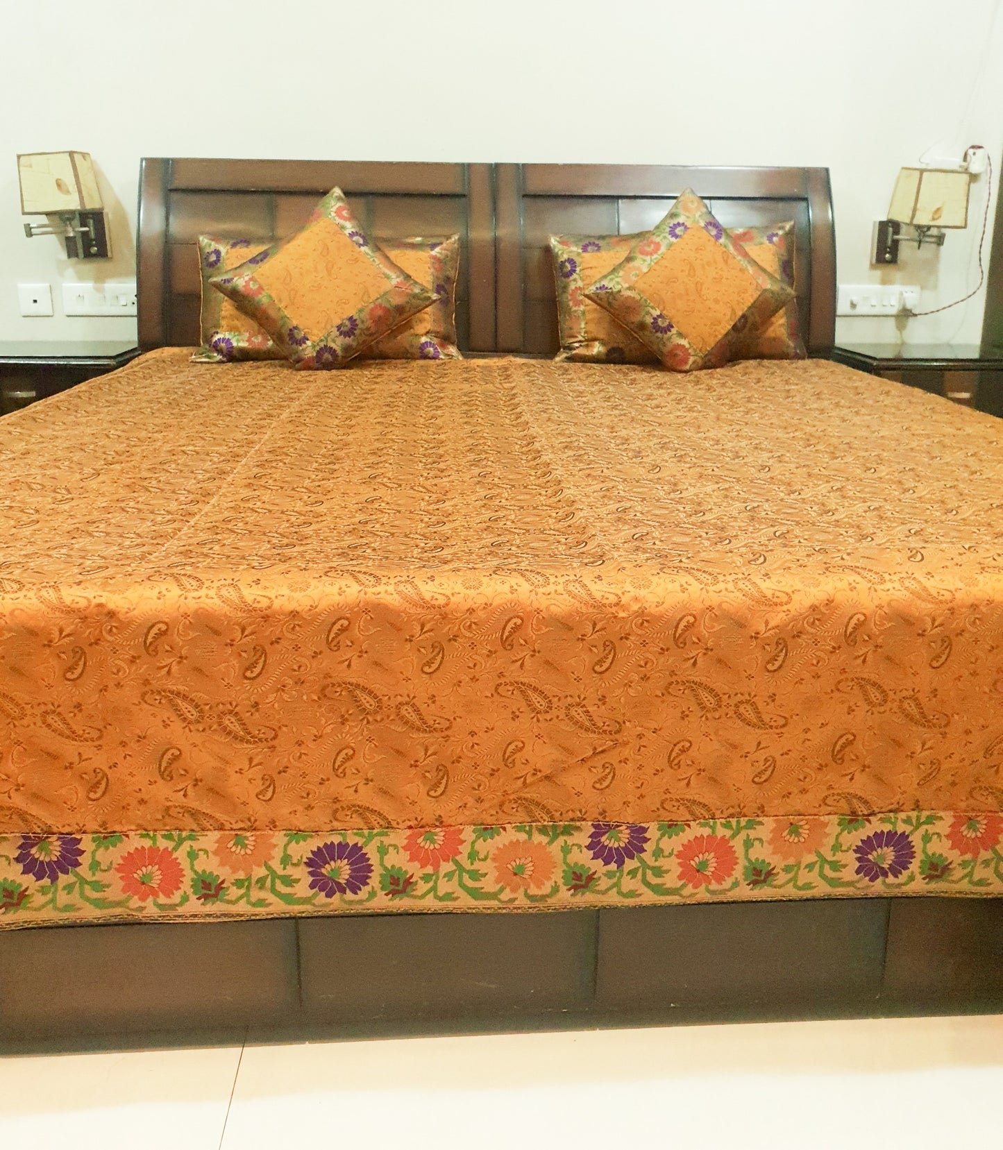 Banarasi Mustard Bed Cushion & Pillow Cover Set Silk Woven Brocade Indian Gift