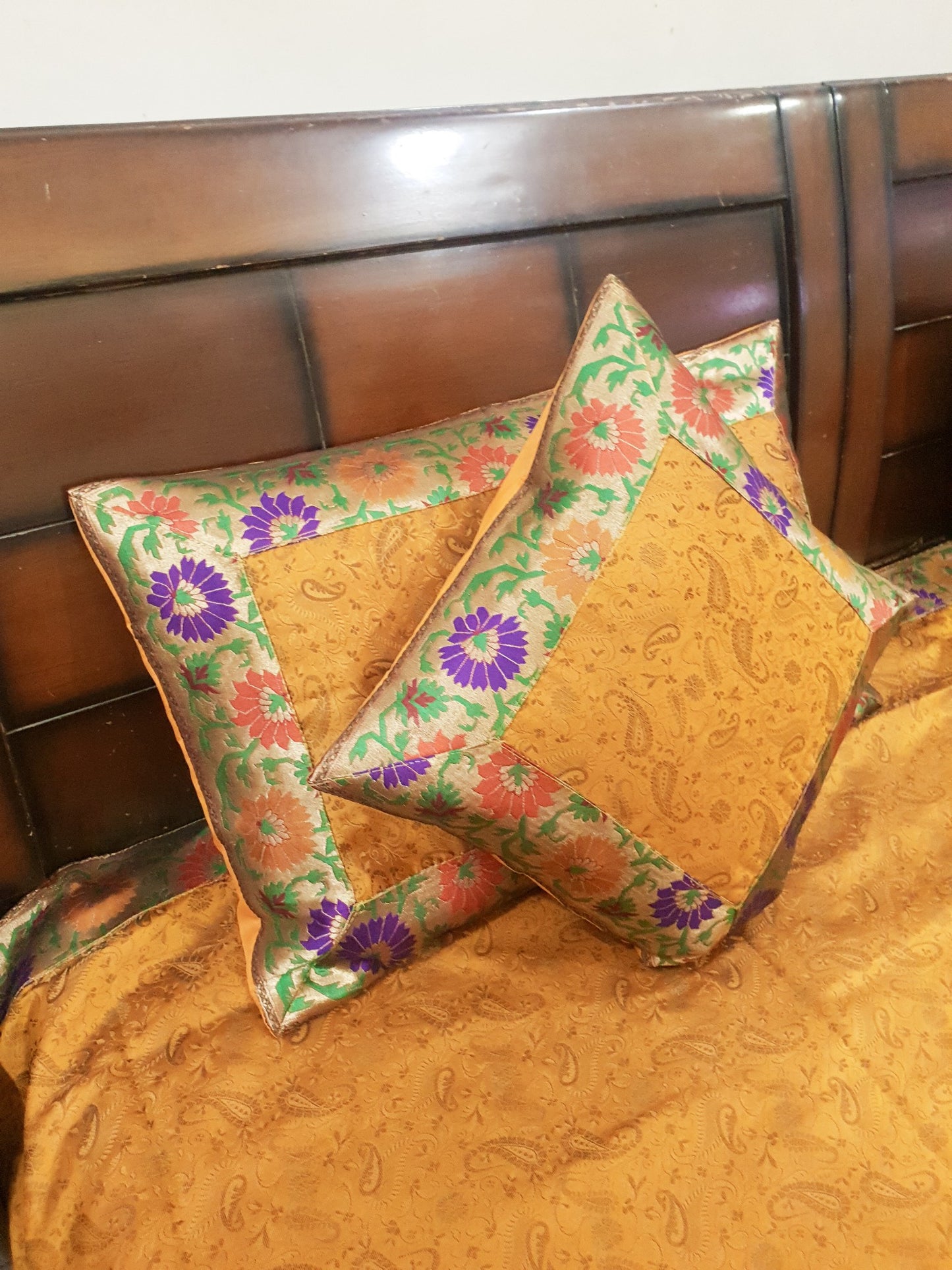 Banarasi Mustard Bed Cushion & Pillow Cover Set Silk Woven Brocade Indian Gift