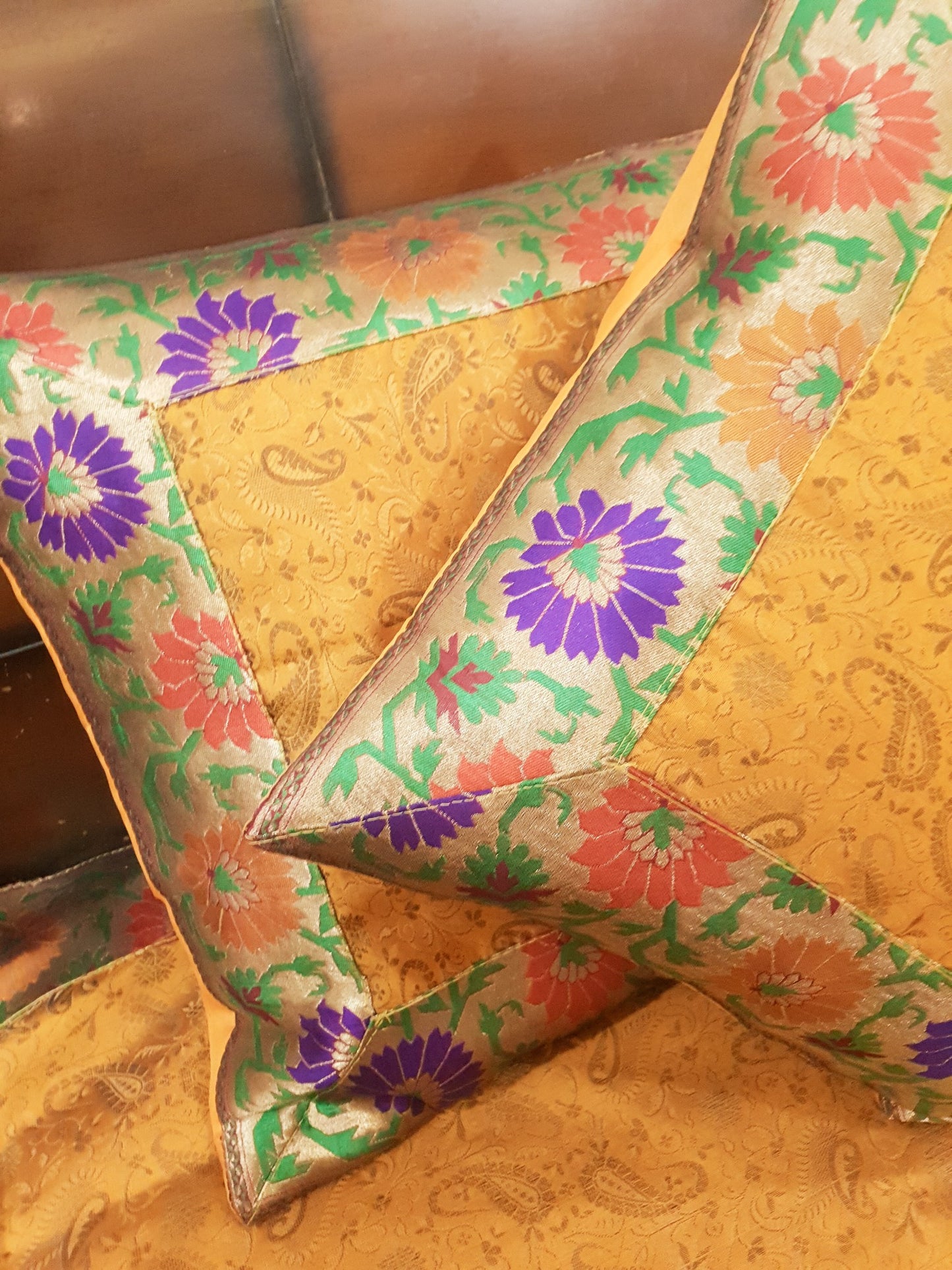 Banarasi Mustard Bed Cushion & Pillow Cover Set Silk Woven Brocade Indian Gift