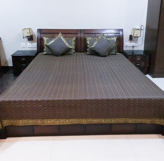 Gray Banarasi Bed Cushion & Pillow Cover Set Art Silk Woven Brocade Indian Gift