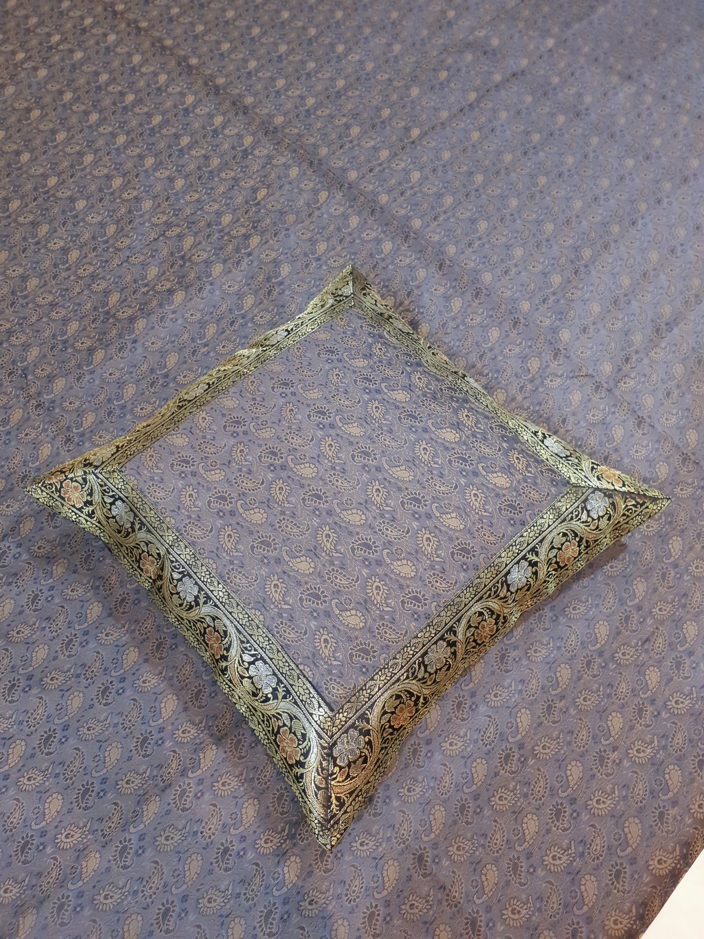 Gray Banarasi Bed Cushion & Pillow Cover Set Art Silk Woven Brocade Indian Gift