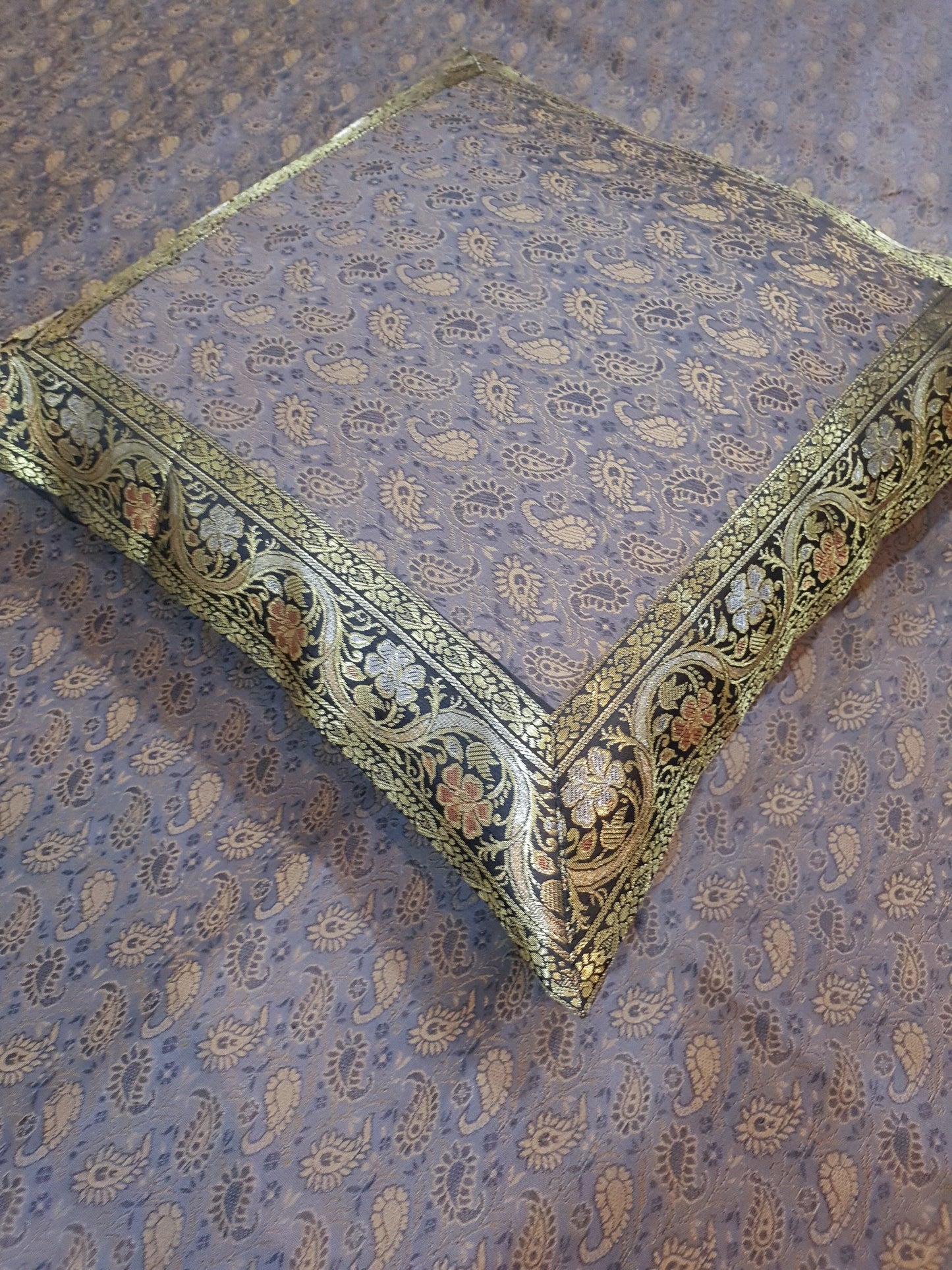 Gray Banarasi Bed Cushion & Pillow Cover Set Art Silk Woven Brocade Indian Gift