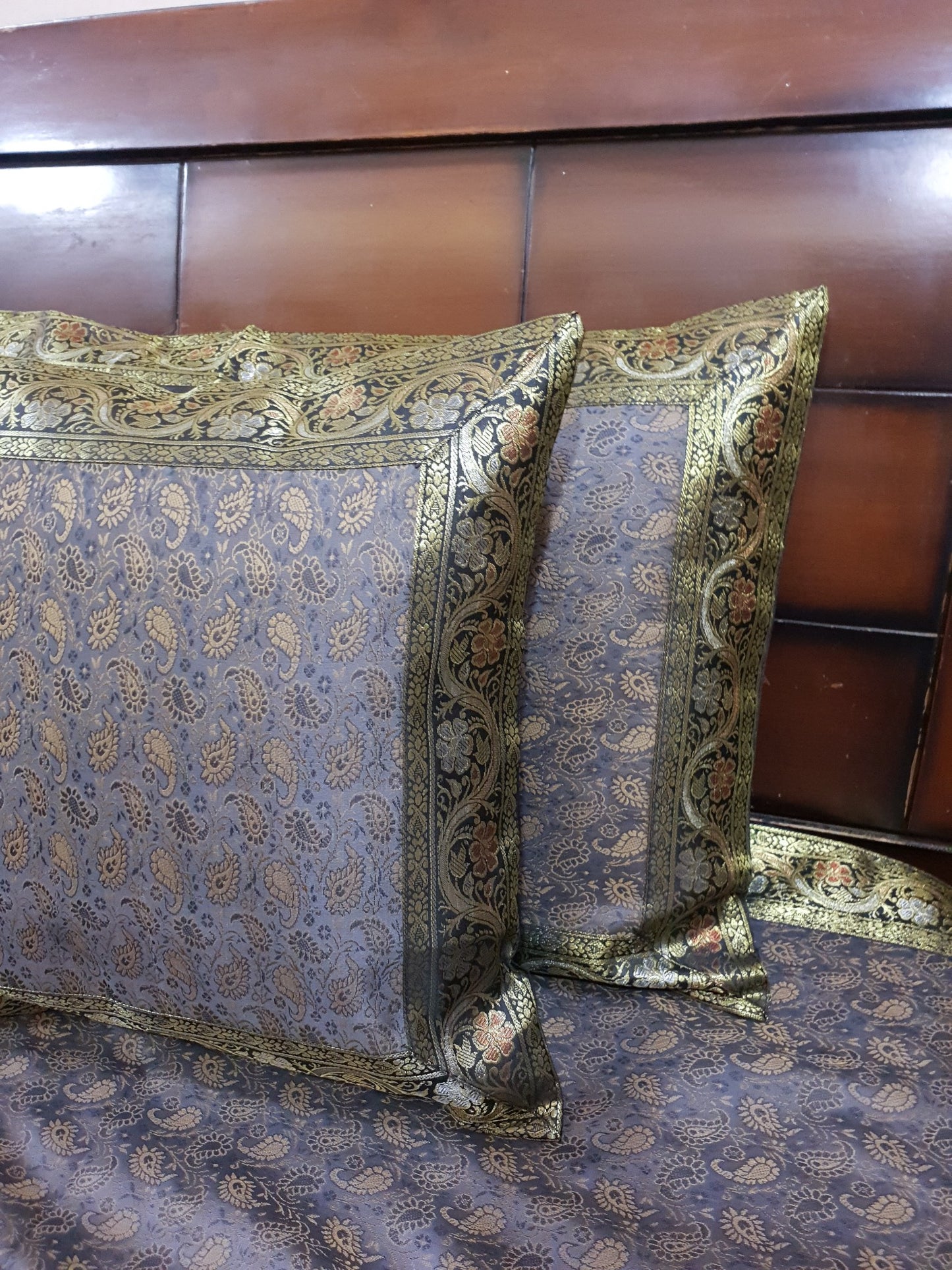 Gray Banarasi Bed Cushion & Pillow Cover Set Art Silk Woven Brocade Indian Gift