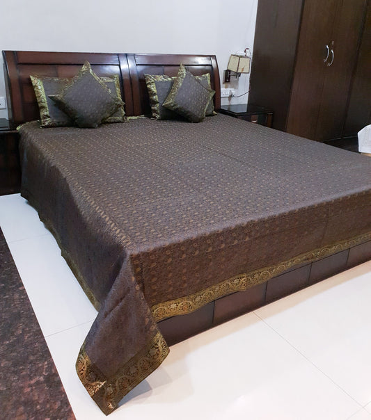 Gray Banarasi Bed Cushion & Pillow Cover Set Art Silk Woven Brocade Indian Gift