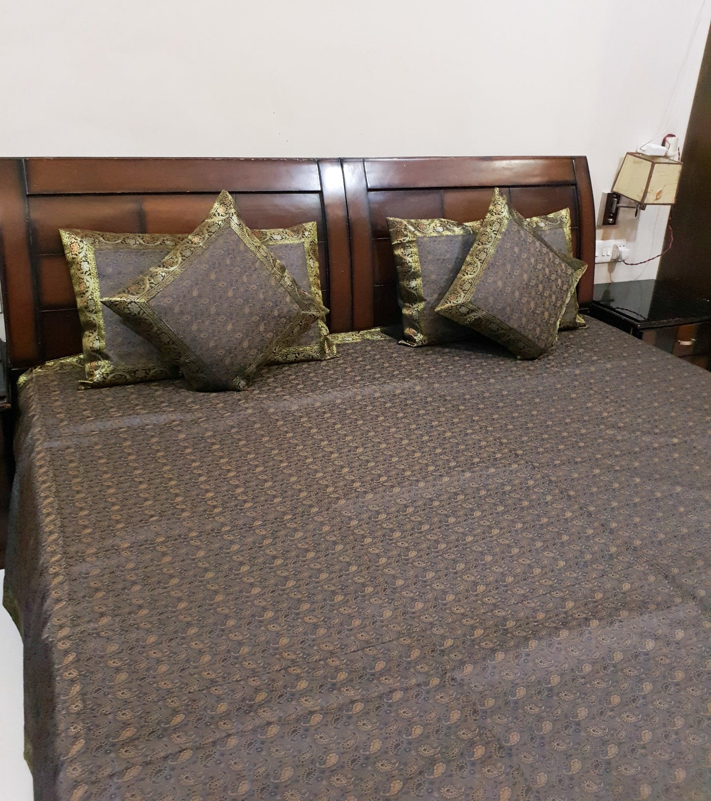 Gray Banarasi Bed Cushion & Pillow Cover Set Art Silk Woven Brocade Indian Gift