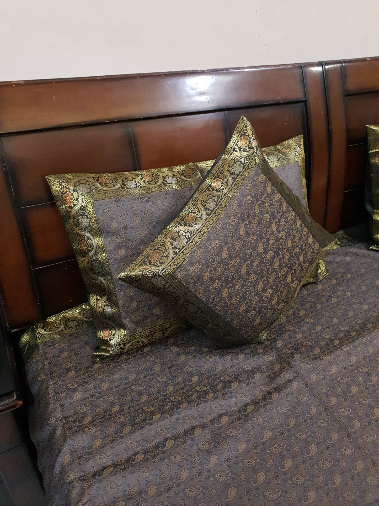 Gray Banarasi Bed Cushion & Pillow Cover Set Art Silk Woven Brocade Indian Gift