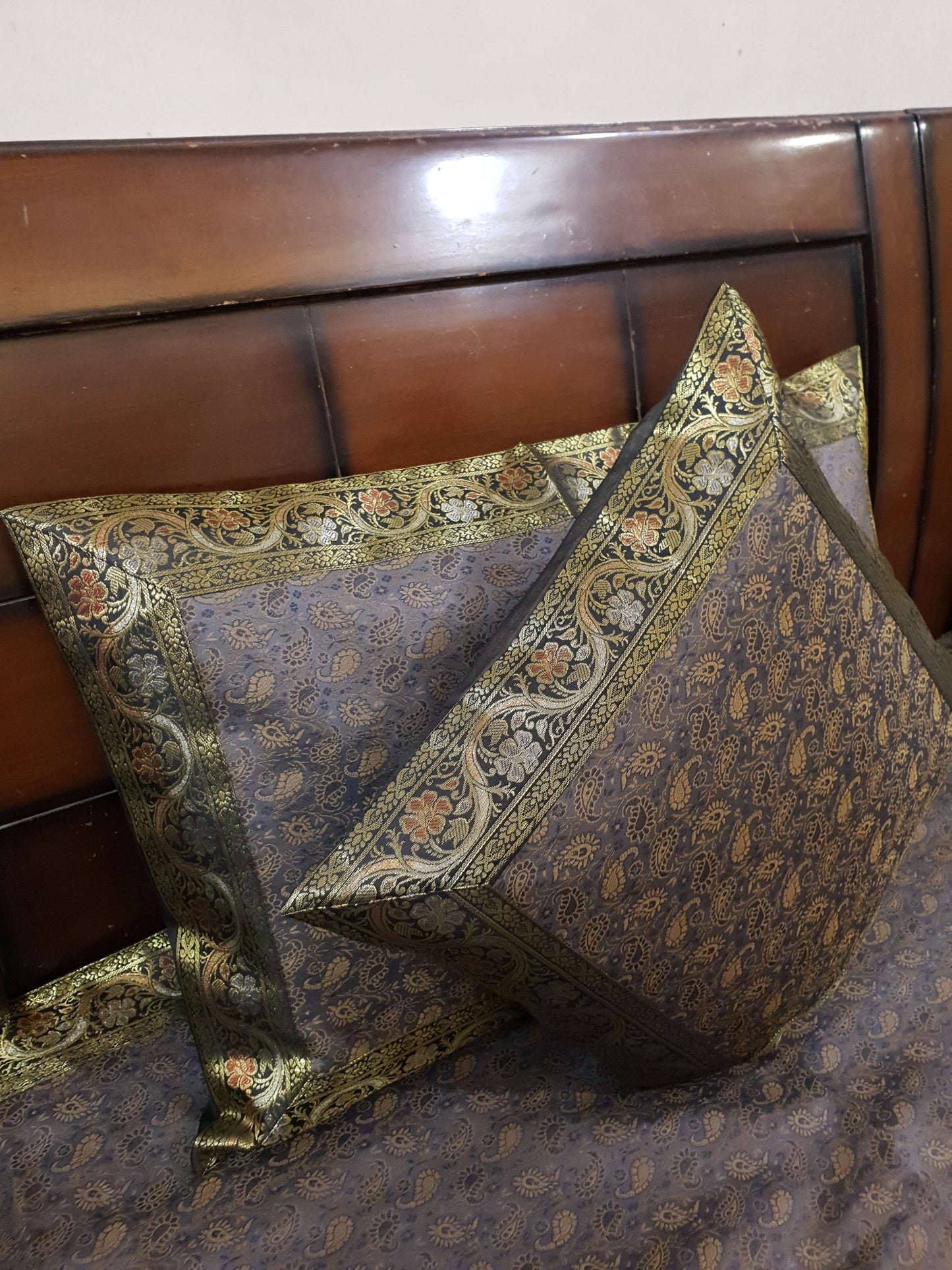 Gray Banarasi Bed Cushion & Pillow Cover Set Art Silk Woven Brocade Indian Gift