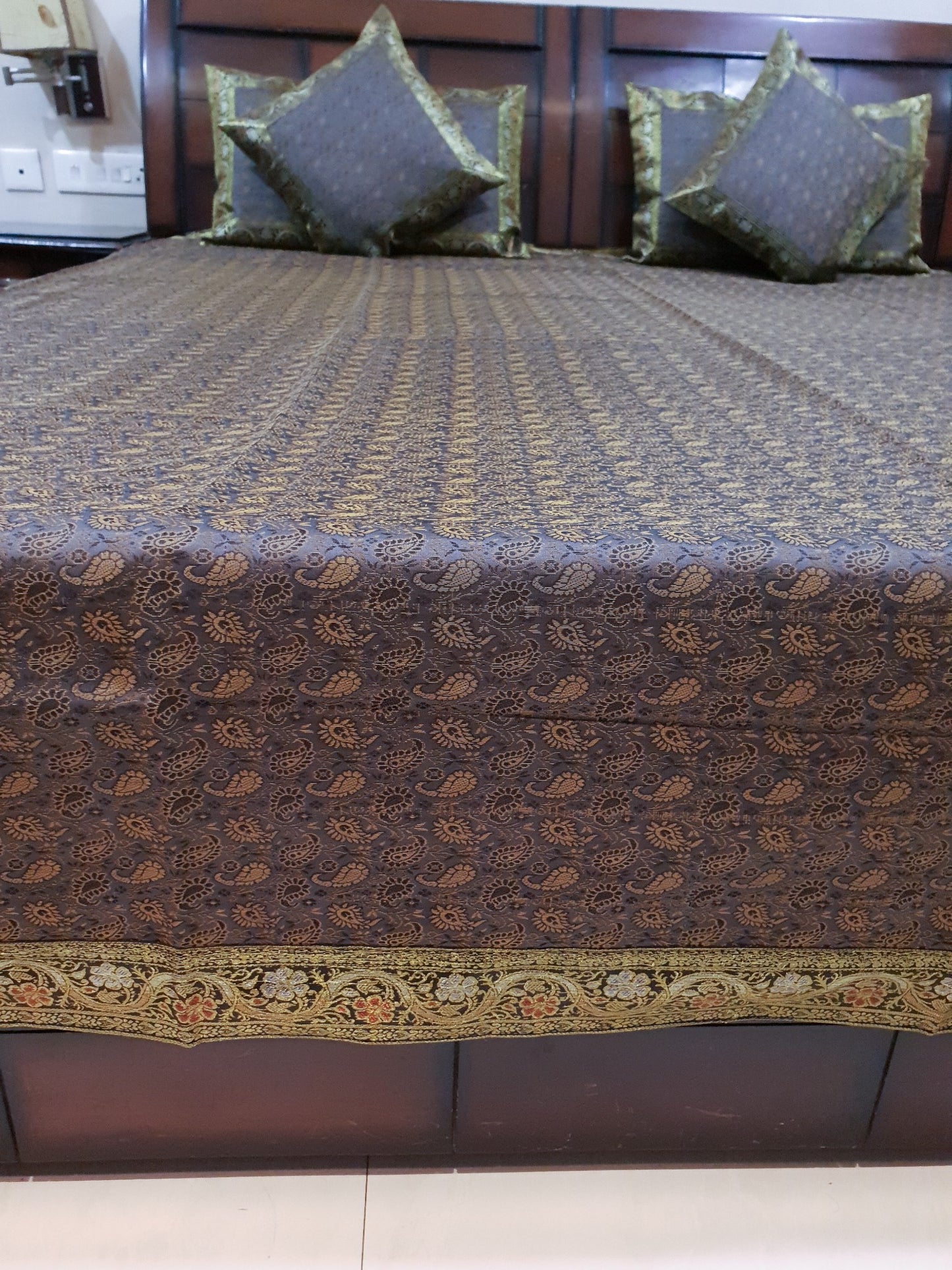 Gray Banarasi Bed Cushion & Pillow Cover Set Art Silk Woven Brocade Indian Gift