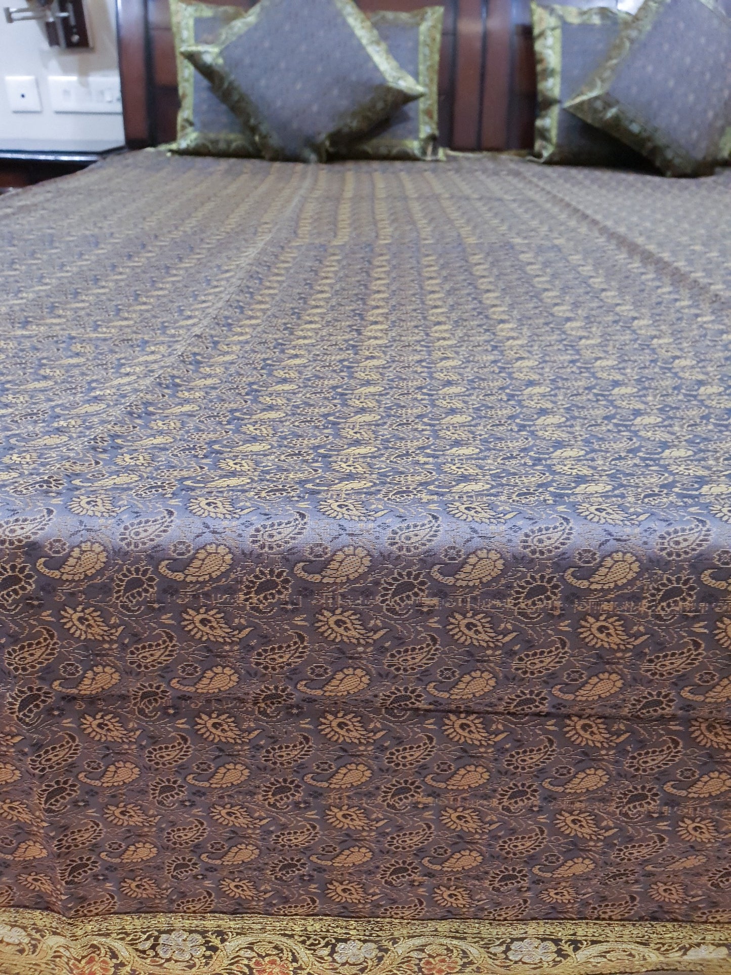 Gray Banarasi Bed Cushion & Pillow Cover Set Art Silk Woven Brocade Indian Gift