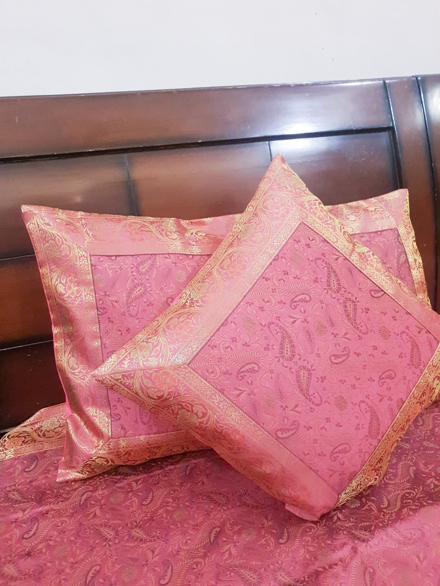 Banarasi Pink Bed Cushion & Pillow Cover Set Art Silk Woven Brocade Indian Gift