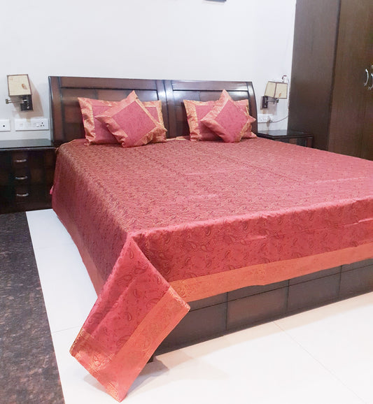 Banarasi Pink Bed Cushion & Pillow Cover Set Art Silk Woven Brocade Indian Gift