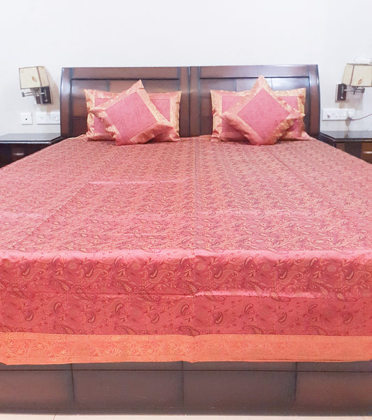 Banarasi Pink Bed Cushion & Pillow Cover Set Art Silk Woven Brocade Indian Gift