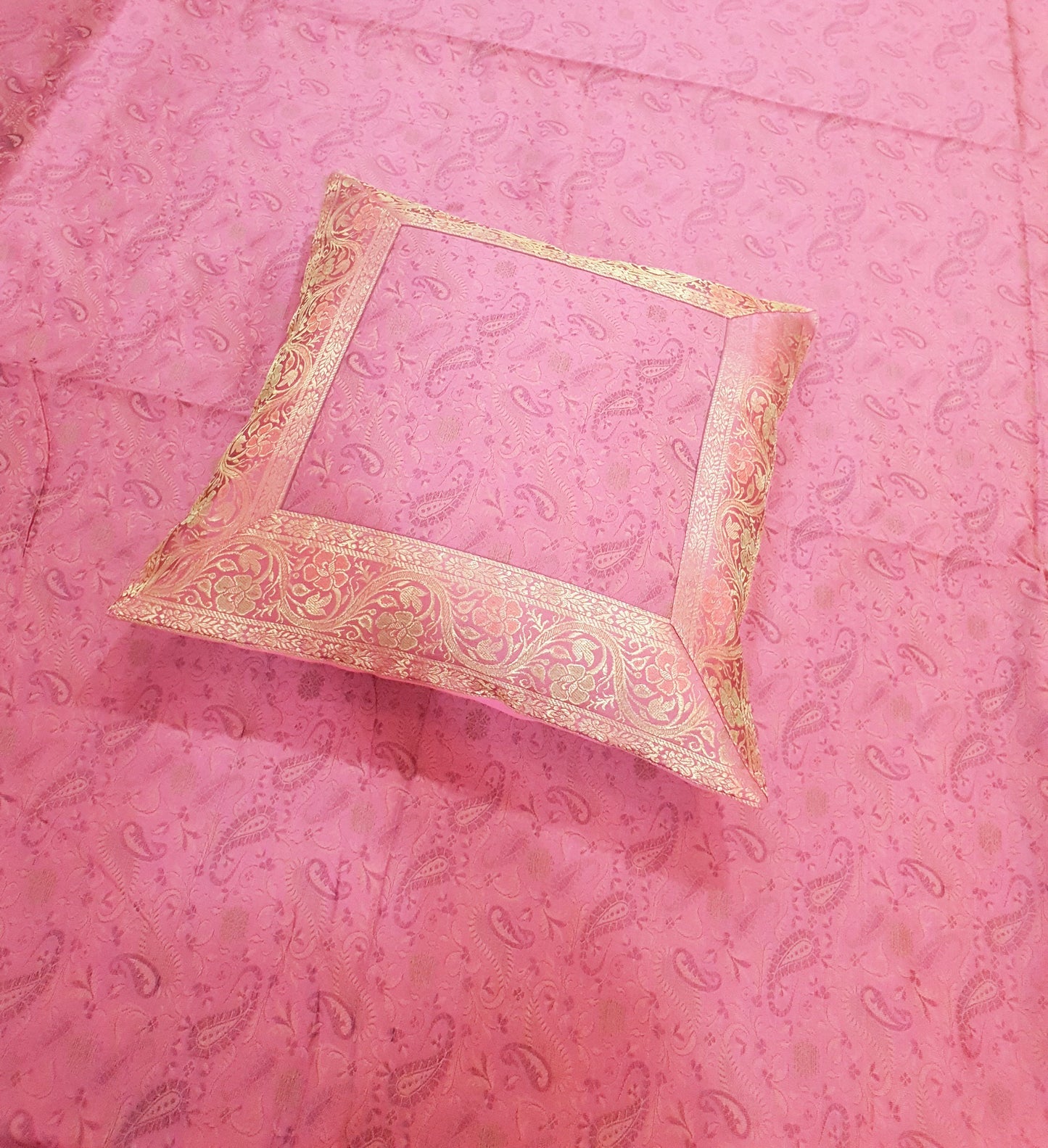 Banarasi Pink Bed Cushion & Pillow Cover Set Art Silk Woven Brocade Indian Gift