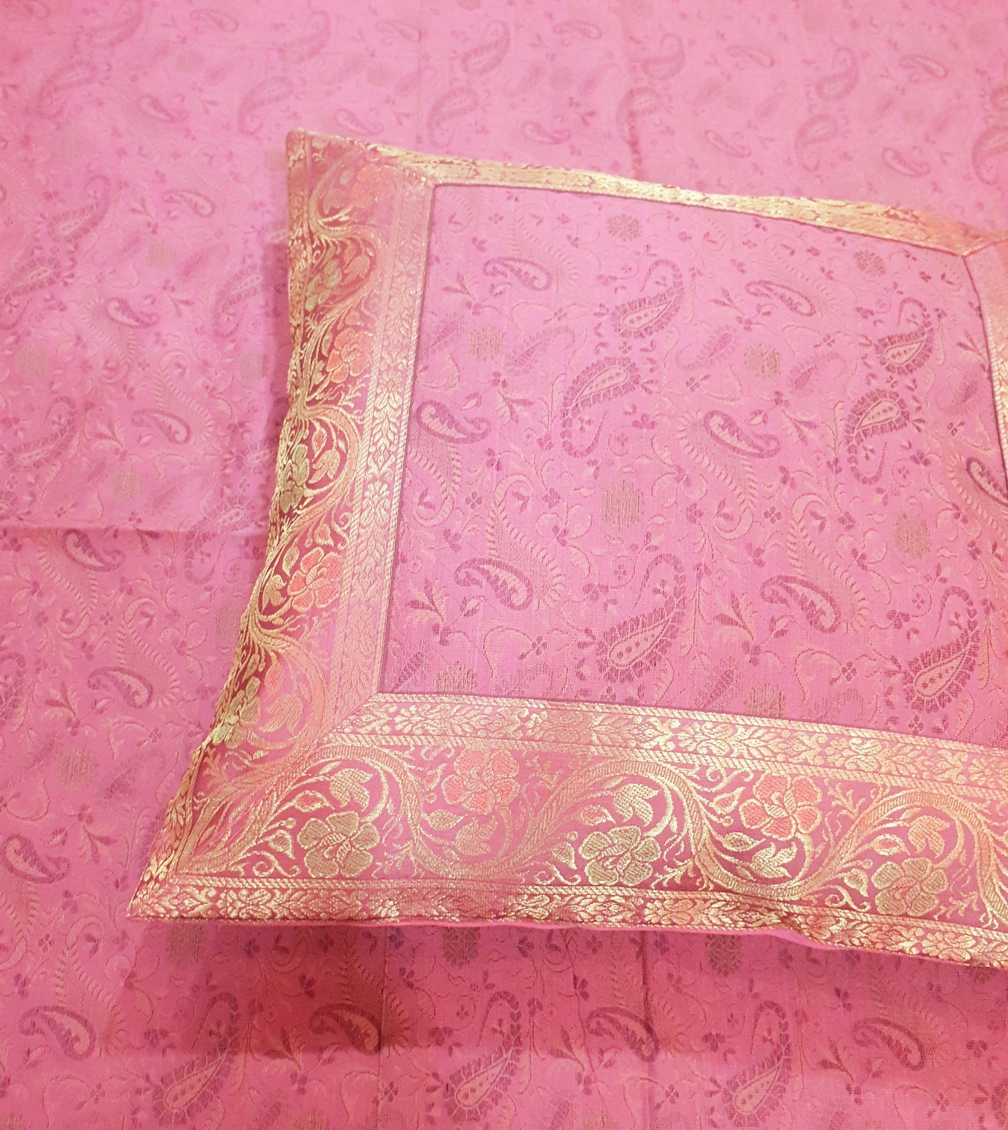 Banarasi Pink Bed Cushion & Pillow Cover Set Art Silk Woven Brocade Indian Gift