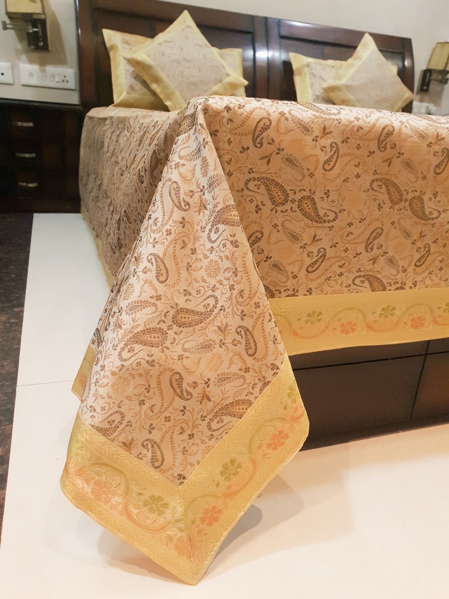 Banarasi Cream Bed Cushion & Pillow Cover Set Art Silk Woven Brocade Indian Gift