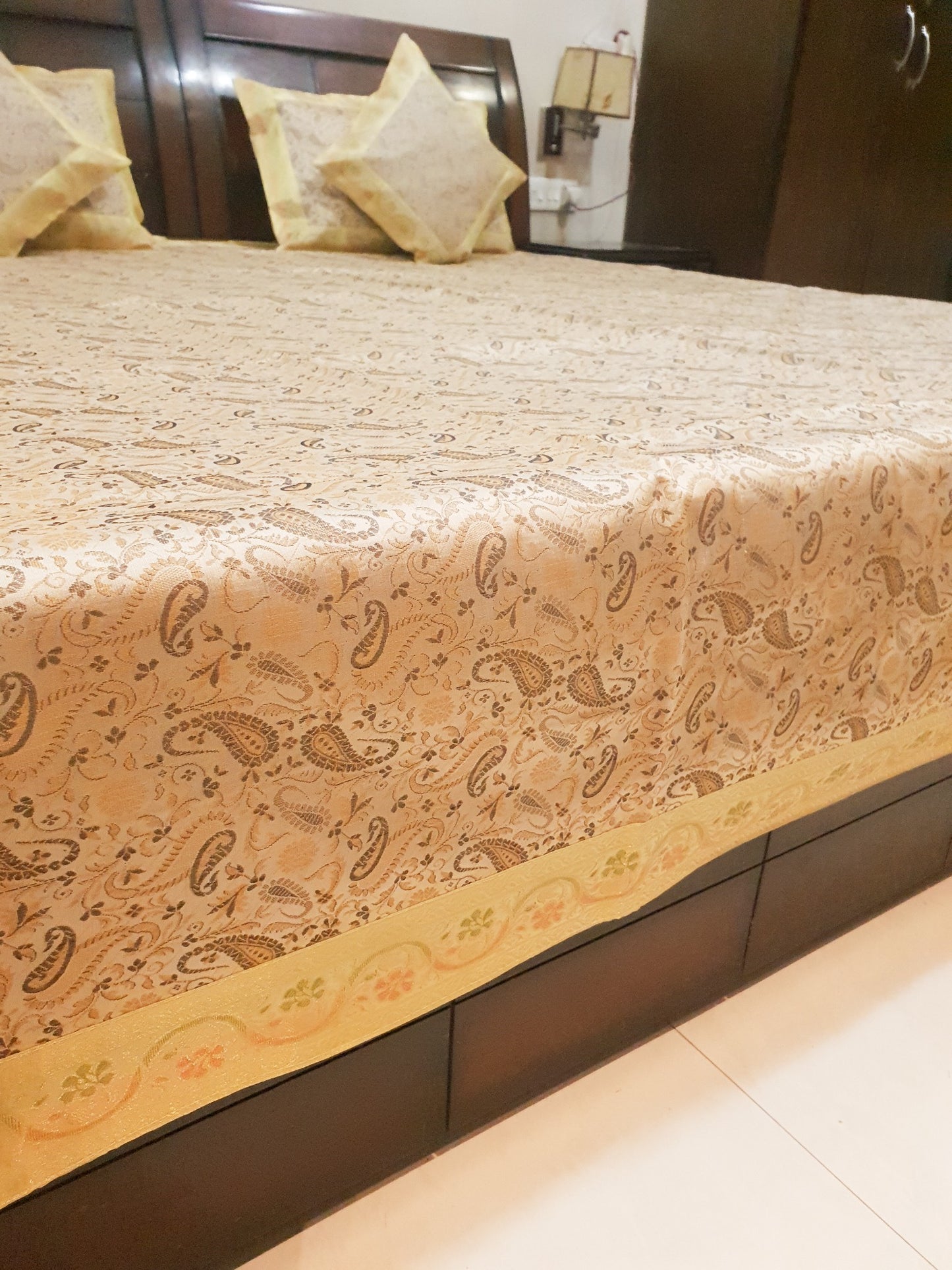 Banarasi Cream Bed Cushion & Pillow Cover Set Art Silk Woven Brocade Indian Gift