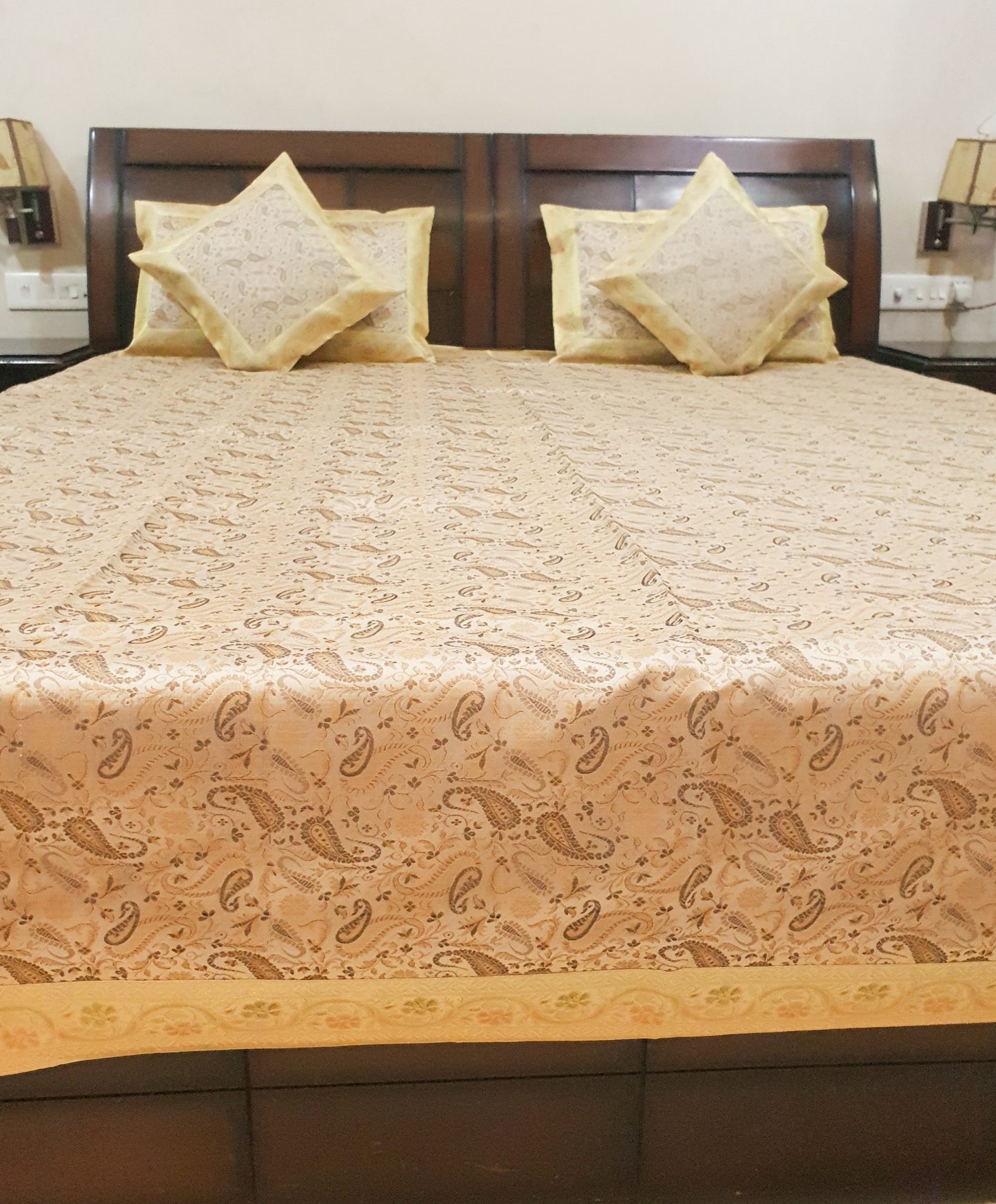 Banarasi Cream Bed Cushion & Pillow Cover Set Art Silk Woven Brocade Indian Gift