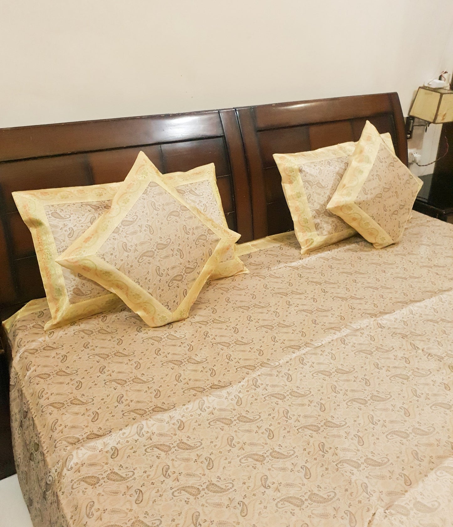 Banarasi Cream Bed Cushion & Pillow Cover Set Art Silk Woven Brocade Indian Gift