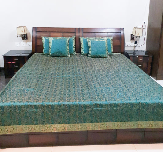 Banarasi Bed Cushion & Pillow Cover Silk & Woven Zari Brocade Teal Blue Set Gift