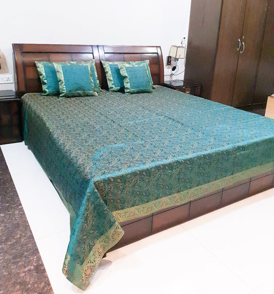 Banarasi Bed Cushion & Pillow Cover Silk & Woven Zari Brocade Teal Blue Set Gift