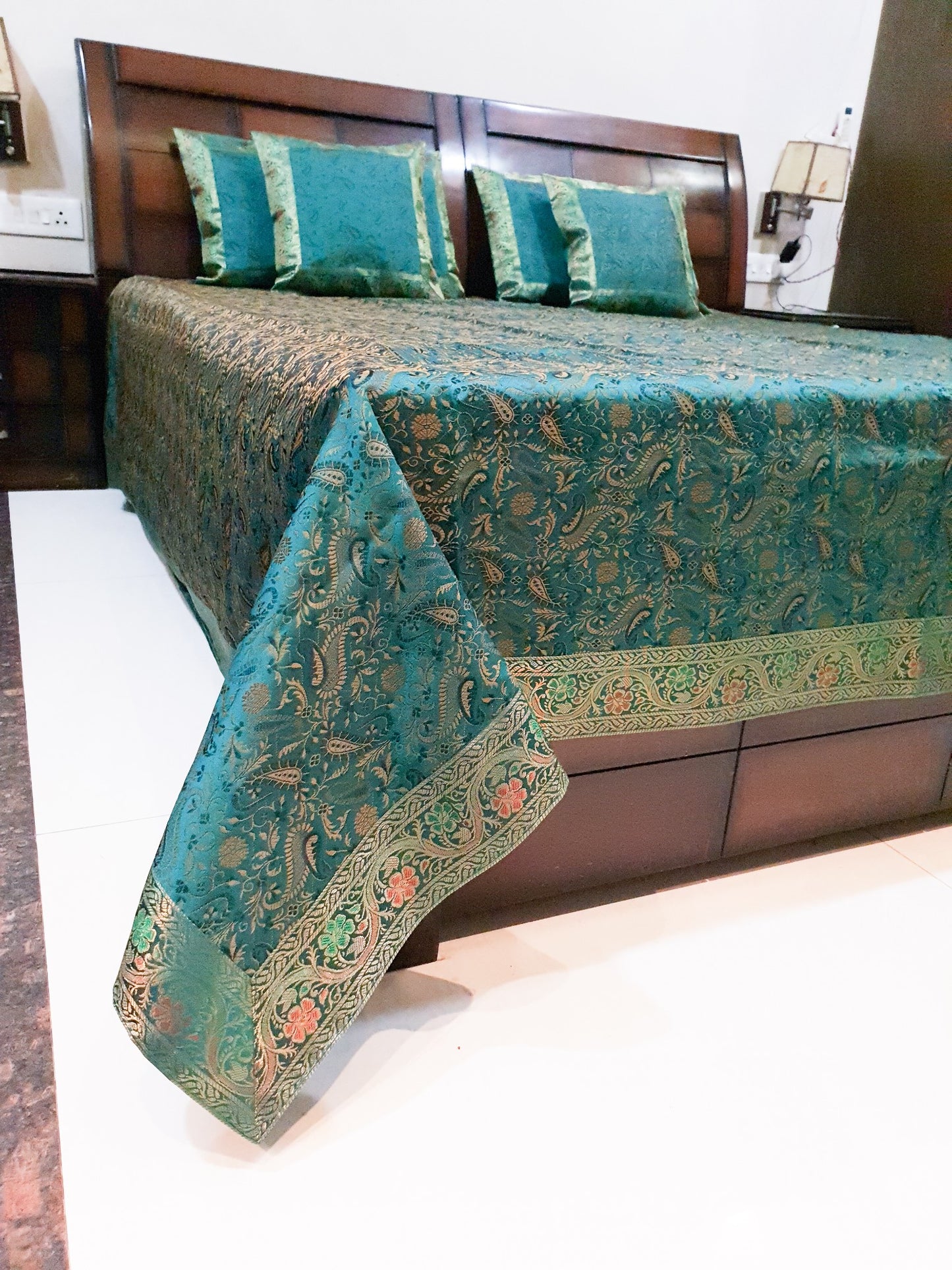 Banarasi Bed Cushion & Pillow Cover Silk & Woven Zari Brocade Teal Blue Set Gift