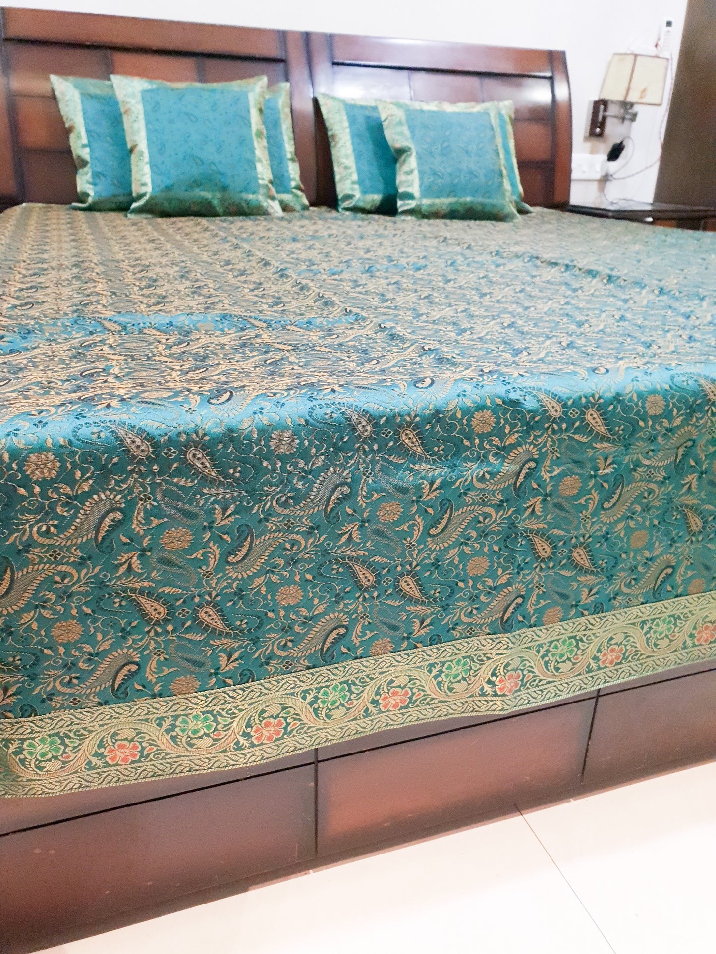 Banarasi Bed Cushion & Pillow Cover Silk & Woven Zari Brocade Teal Blue Set Gift