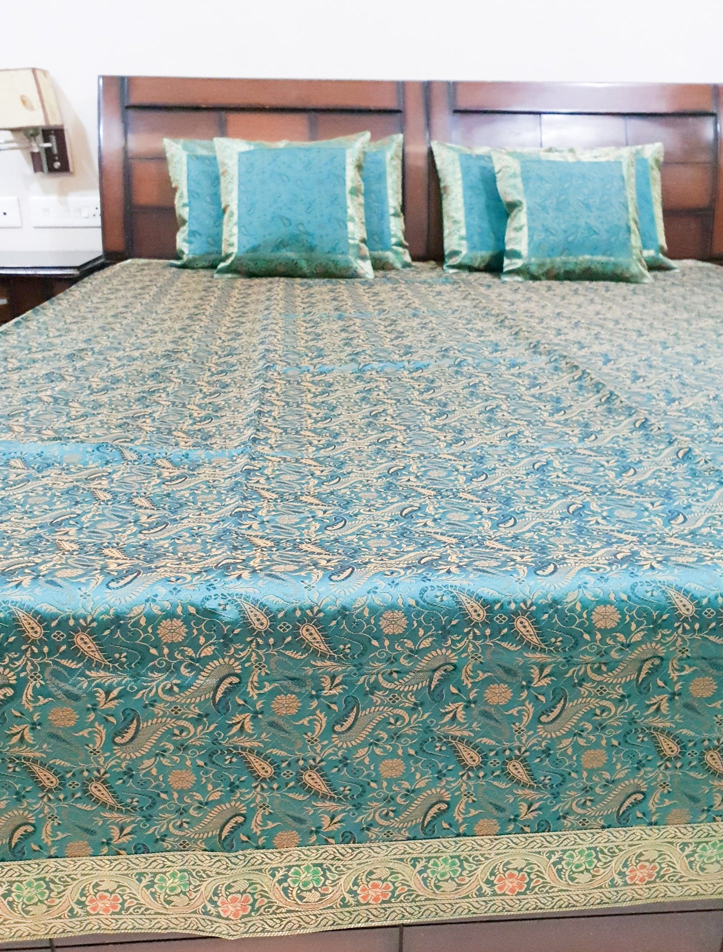 Banarasi Bed Cushion & Pillow Cover Silk & Woven Zari Brocade Teal Blue Set Gift