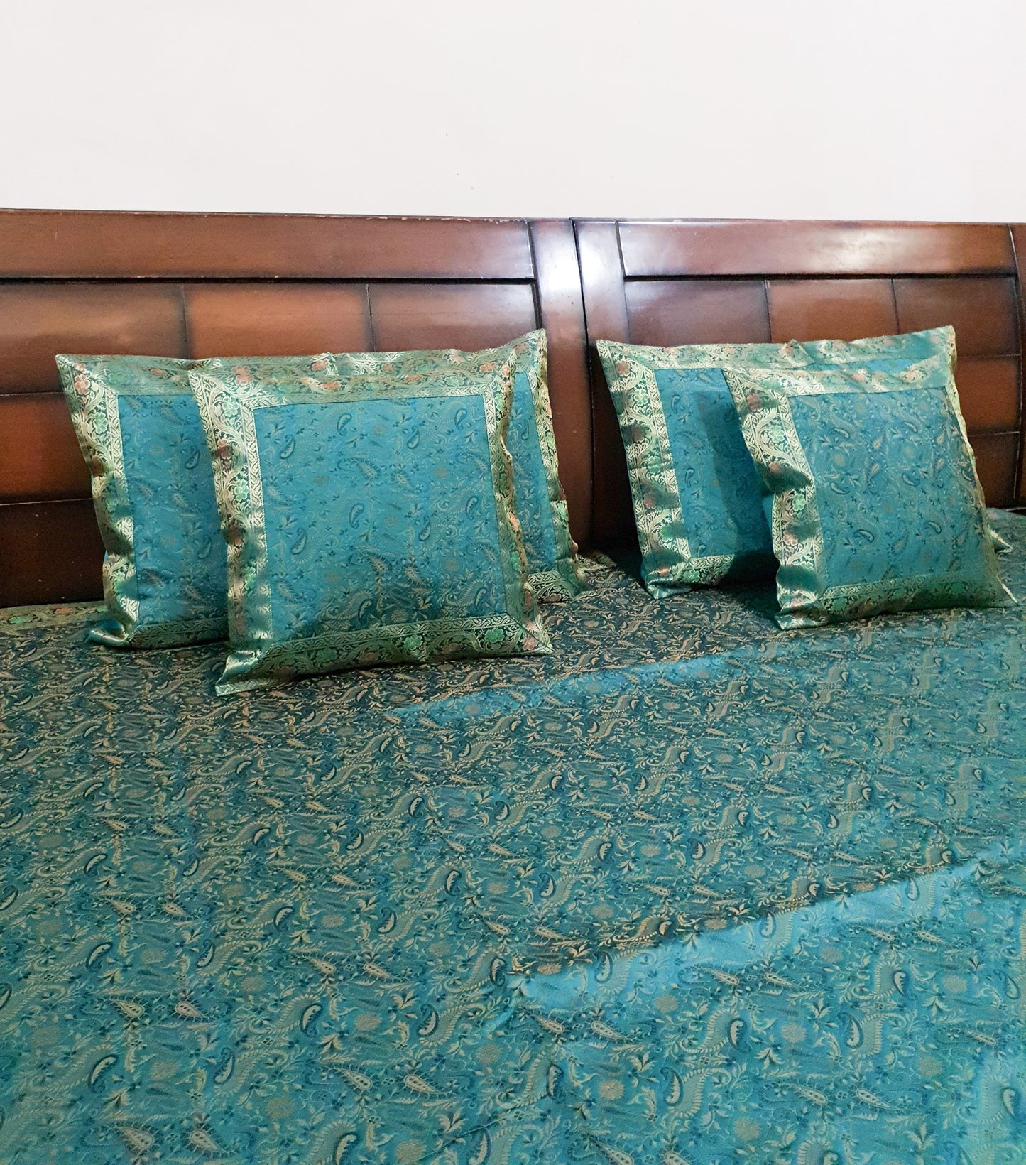 Banarasi Bed Cushion & Pillow Cover Silk & Woven Zari Brocade Teal Blue Set Gift