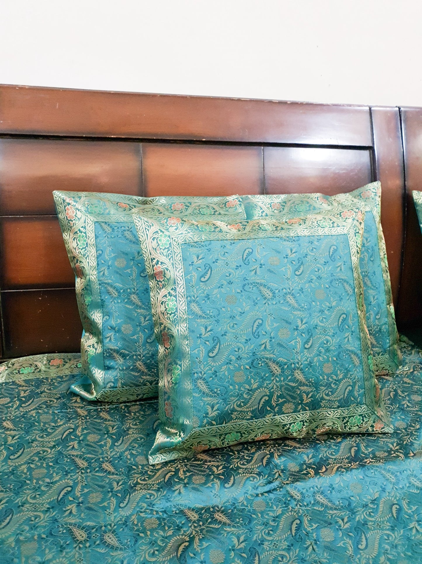 Banarasi Bed Cushion & Pillow Cover Silk & Woven Zari Brocade Teal Blue Set Gift