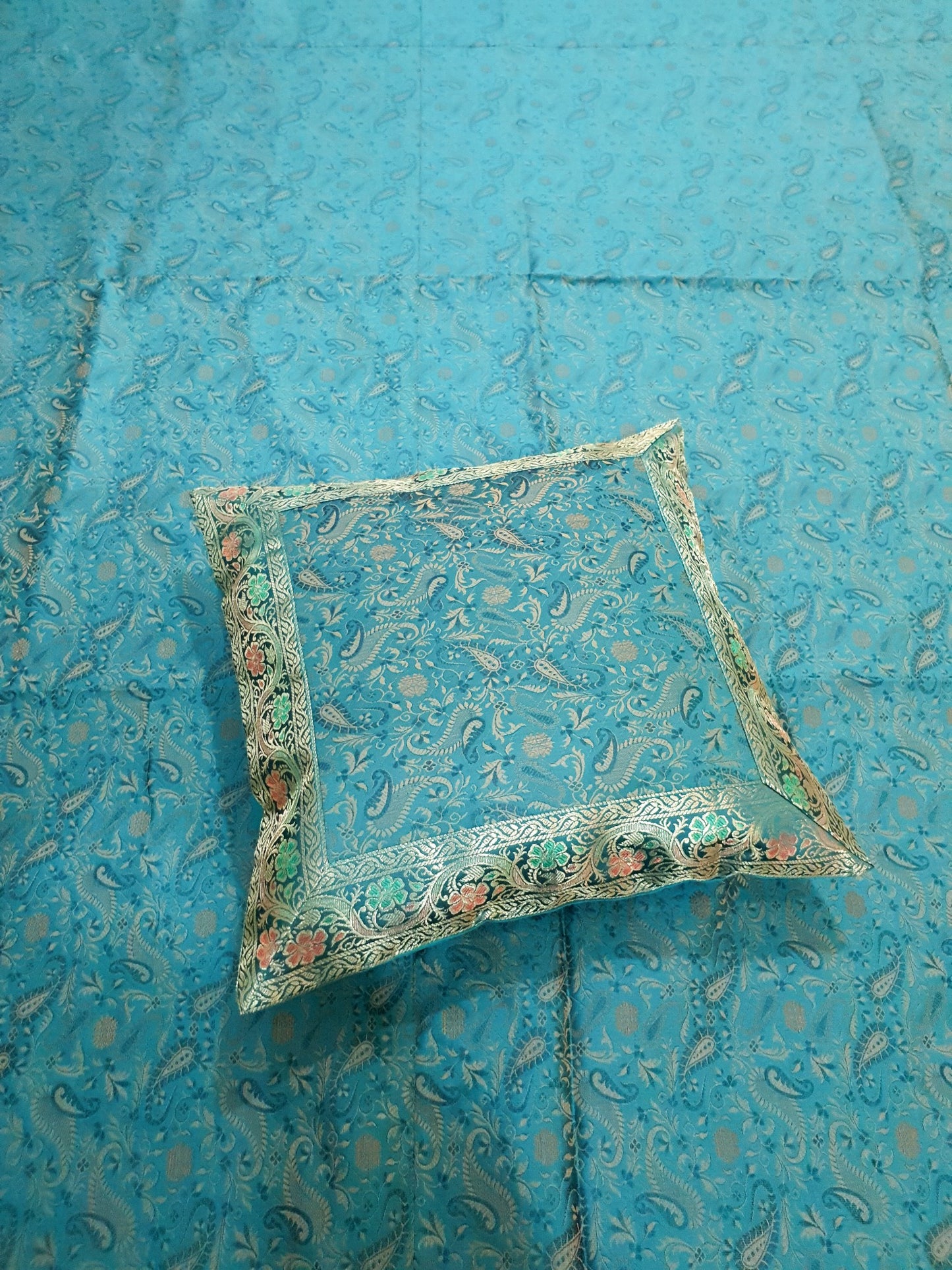 Banarasi Bed Cushion & Pillow Cover Silk & Woven Zari Brocade Teal Blue Set Gift
