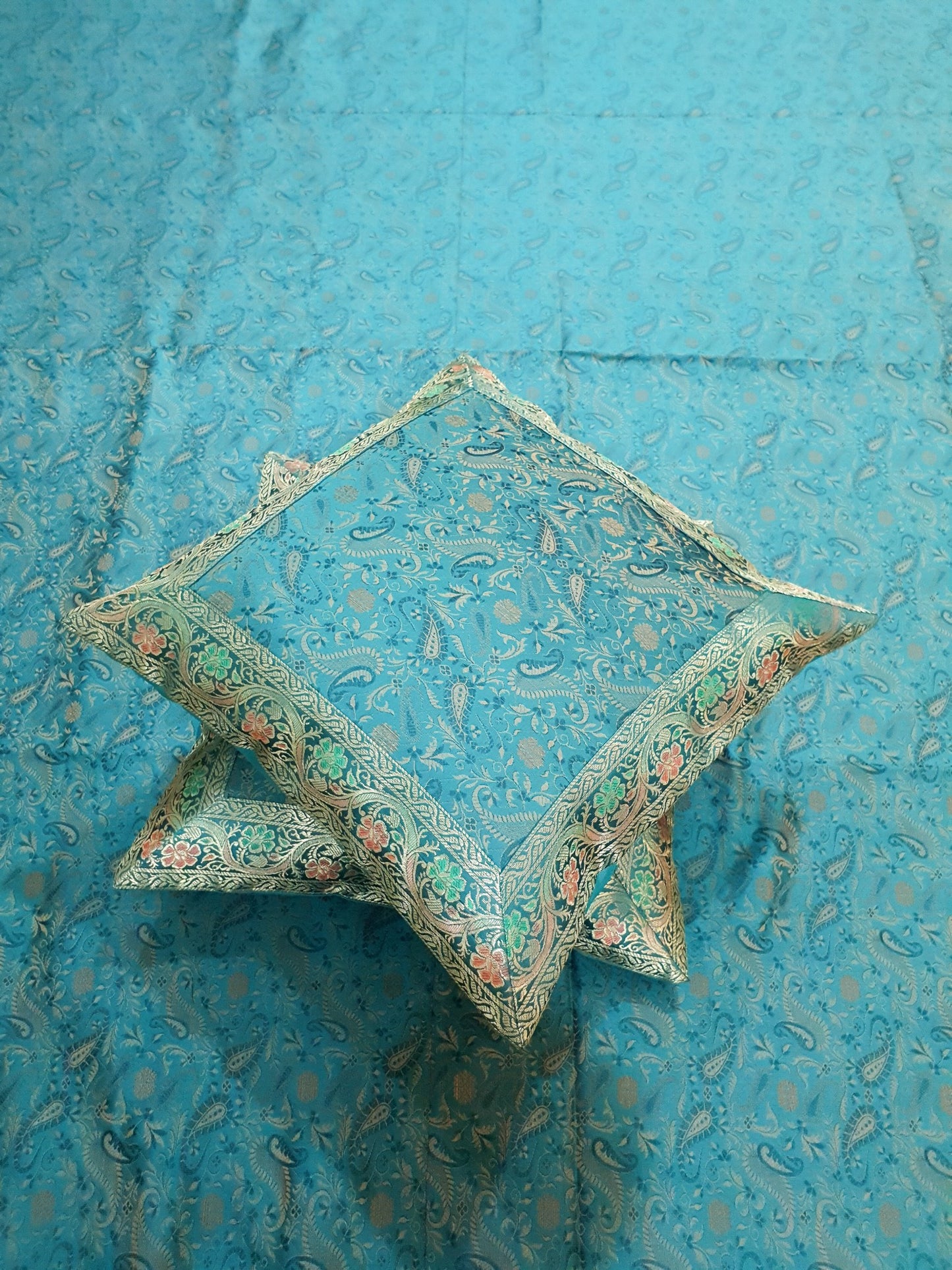Banarasi Bed Cushion & Pillow Cover Silk & Woven Zari Brocade Teal Blue Set Gift