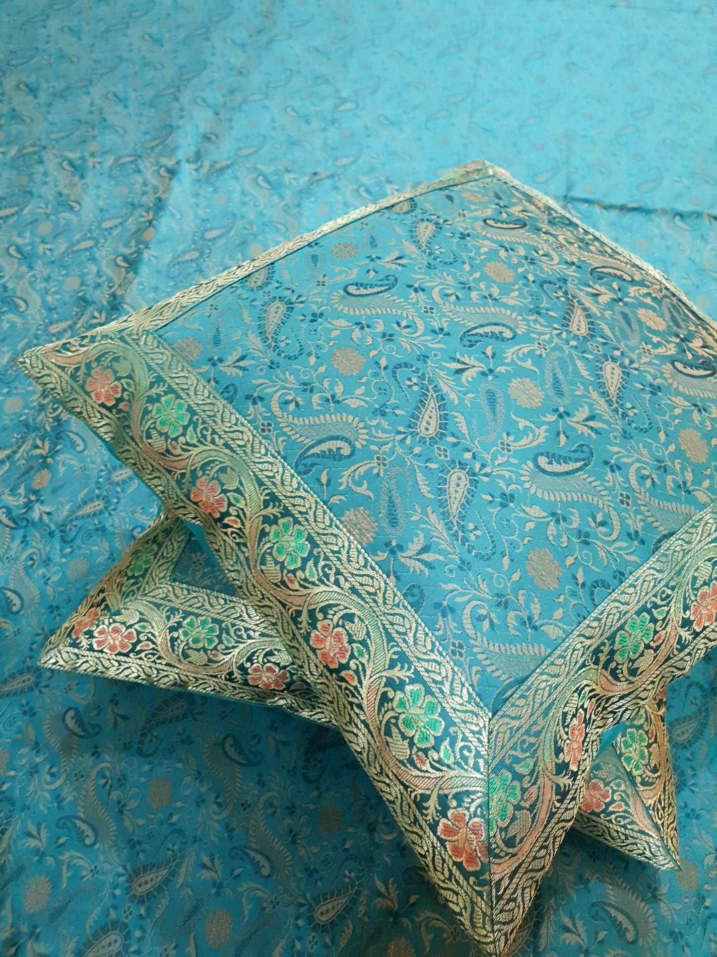 Banarasi Bed Cushion & Pillow Cover Silk & Woven Zari Brocade Teal Blue Set Gift