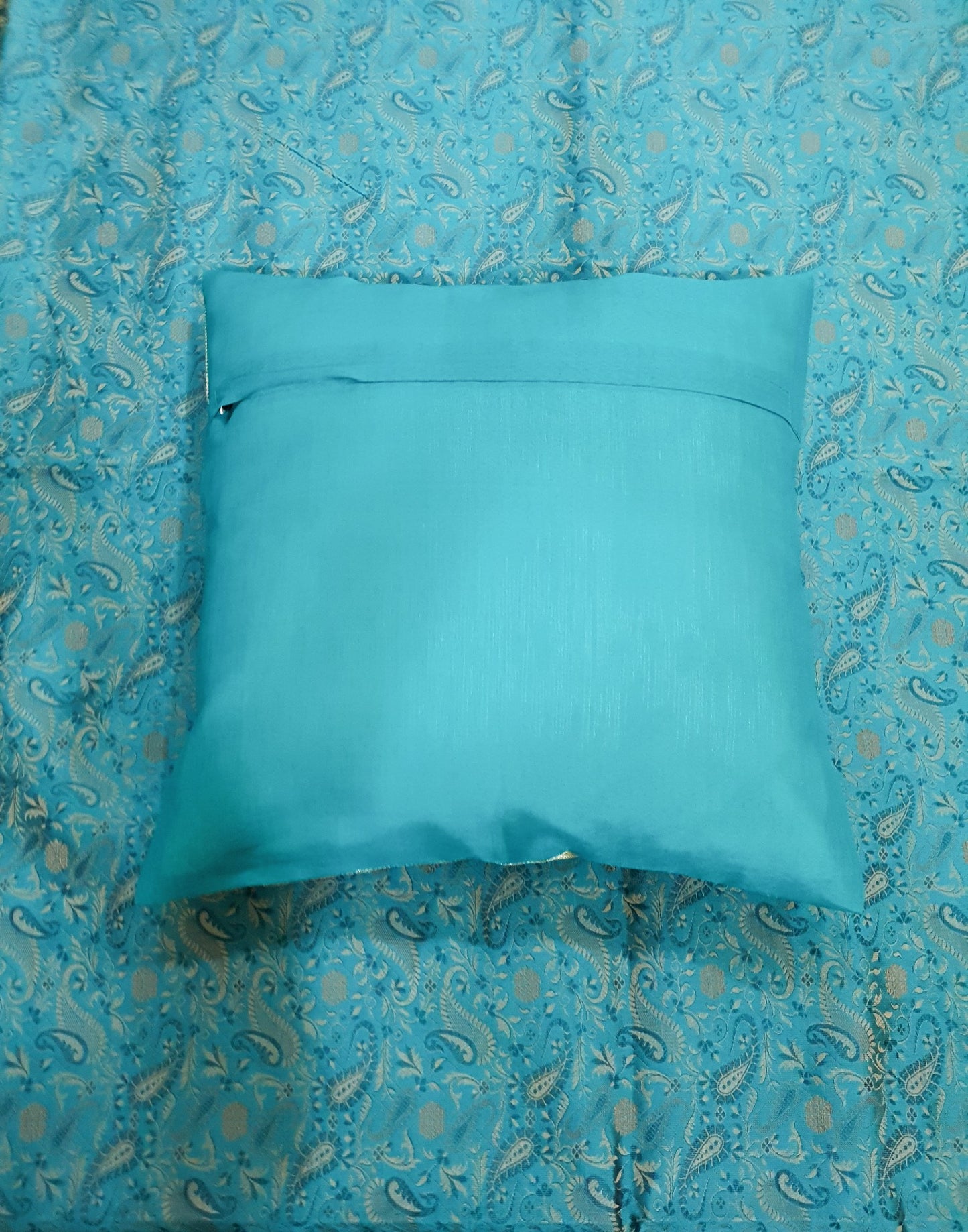 Banarasi Bed Cushion & Pillow Cover Silk & Woven Zari Brocade Teal Blue Set Gift
