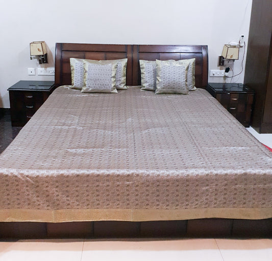 Banarasi Bed Cushion & Pillow Cover Set Gray Silk Woven Zari Brocade Indian Gift