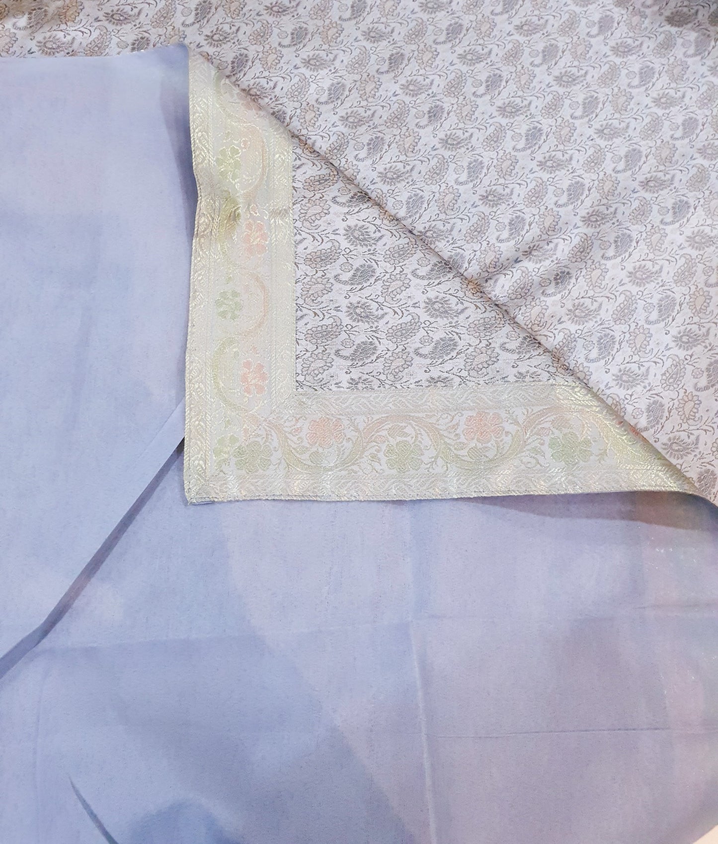 Banarasi Bed Cushion & Pillow Cover Set Gray Silk Woven Zari Brocade Indian Gift