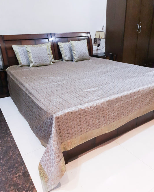 Banarasi Bed Cushion & Pillow Cover Set Gray Silk Woven Zari Brocade Indian Gift