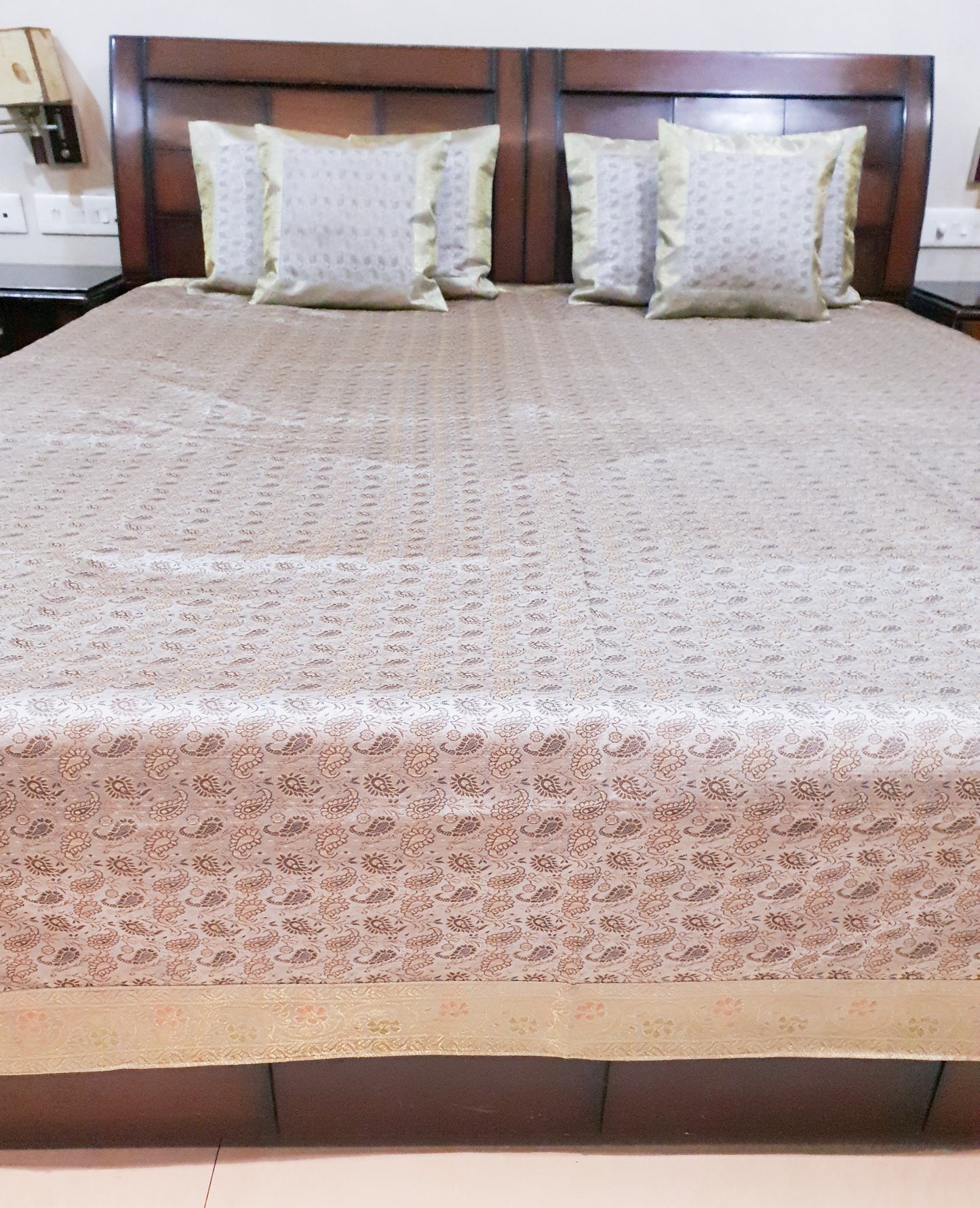 Banarasi Bed Cushion & Pillow Cover Set Gray Silk Woven Zari Brocade Indian Gift