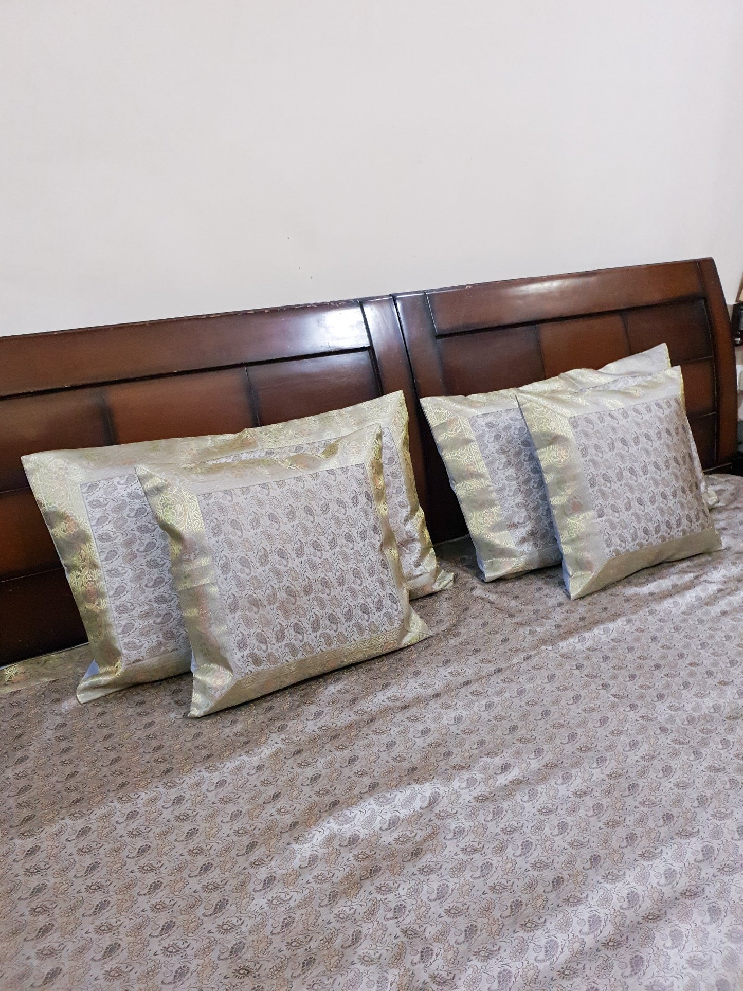 Banarasi Bed Cushion & Pillow Cover Set Gray Silk Woven Zari Brocade Indian Gift