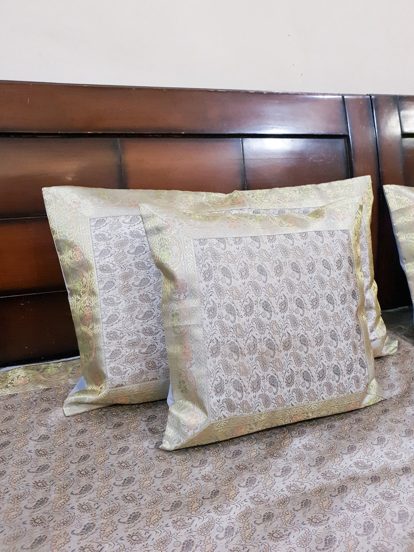 Banarasi Bed Cushion & Pillow Cover Set Gray Silk Woven Zari Brocade Indian Gift