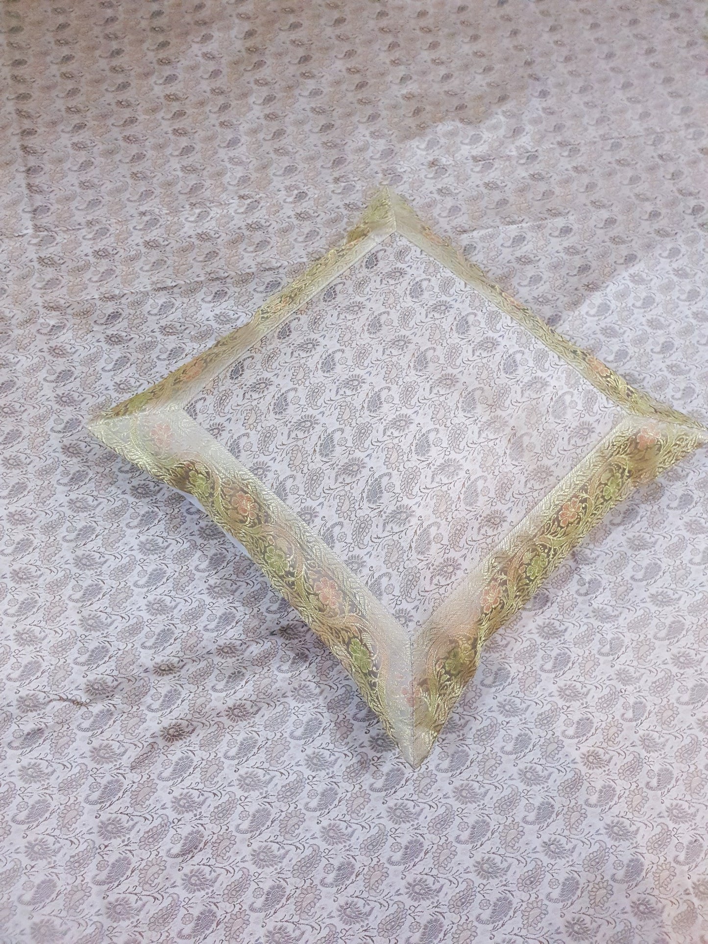 Banarasi Bed Cushion & Pillow Cover Set Gray Silk Woven Zari Brocade Indian Gift