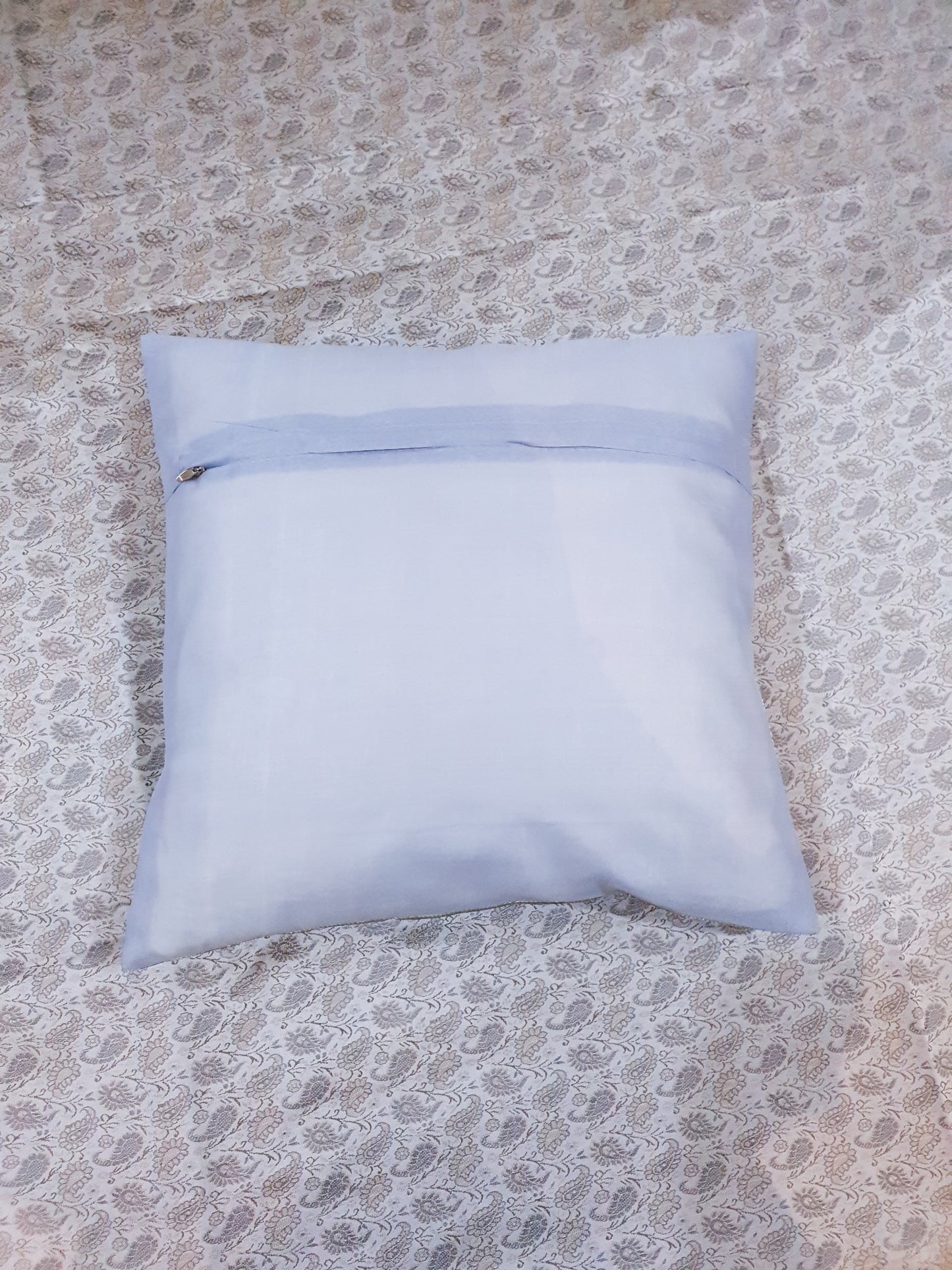 Banarasi Bed Cushion & Pillow Cover Set Gray Silk Woven Zari Brocade Indian Gift