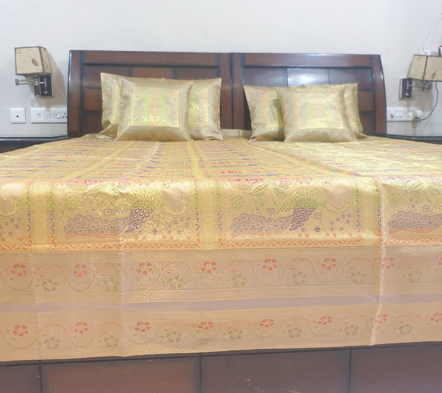 Banarasi Bed Cushion & Pillow Cover Beige Peacock Set Silk & Woven Brocade Gift