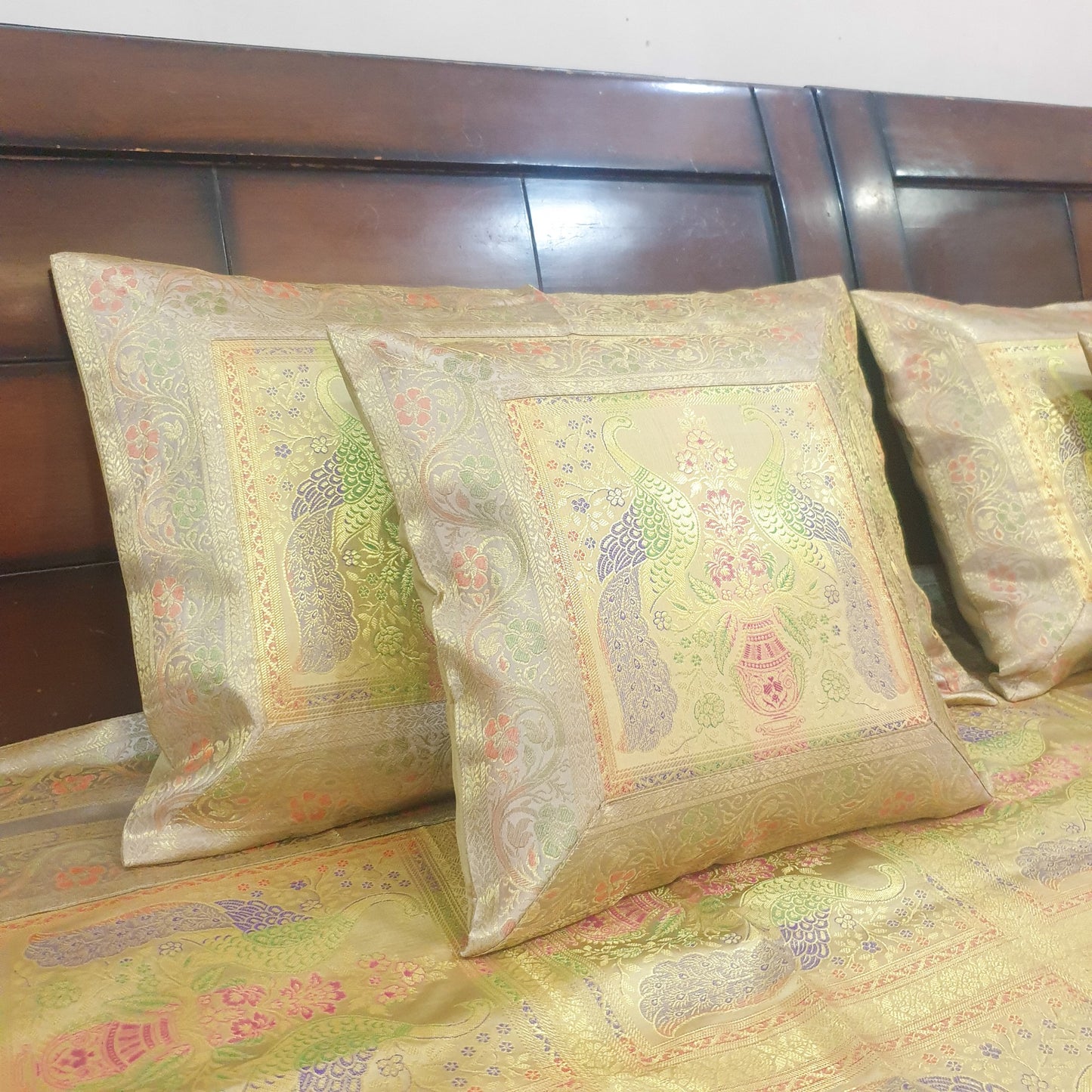 Banarasi Bed Cushion & Pillow Cover Beige Peacock Set Silk & Woven Brocade Gift