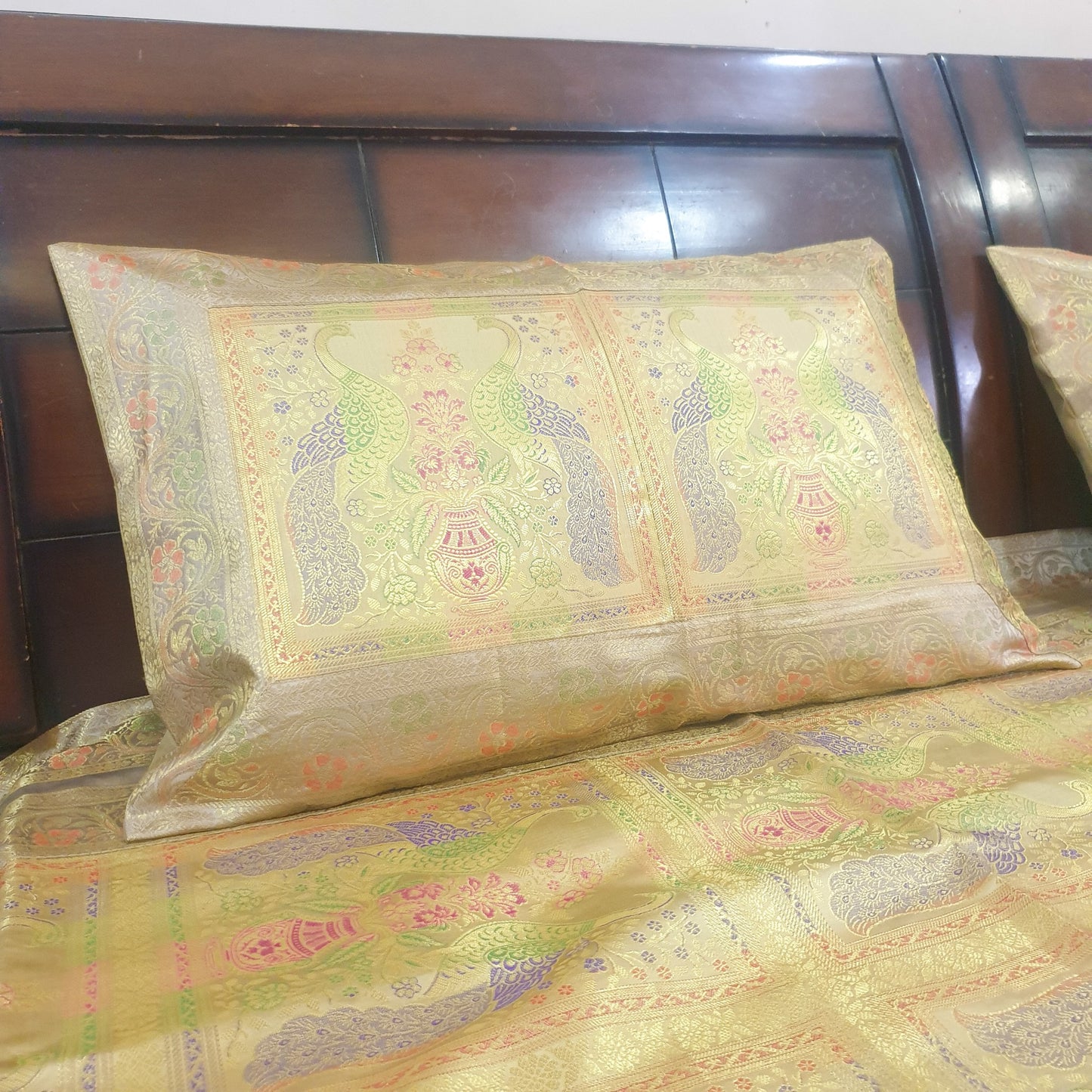 Banarasi Bed Cushion & Pillow Cover Beige Peacock Set Silk & Woven Brocade Gift