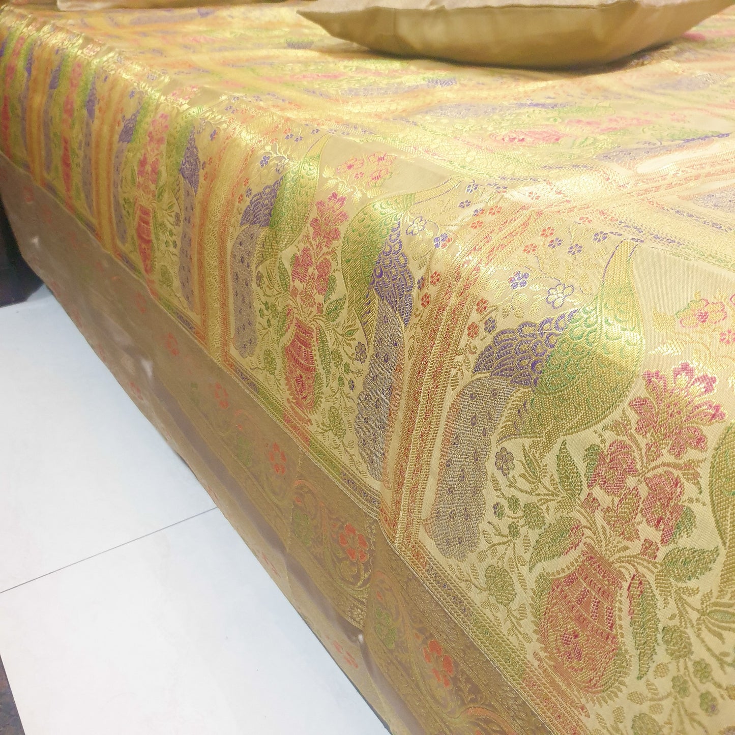 Banarasi Bed Cushion & Pillow Cover Beige Peacock Set Silk & Woven Brocade Gift