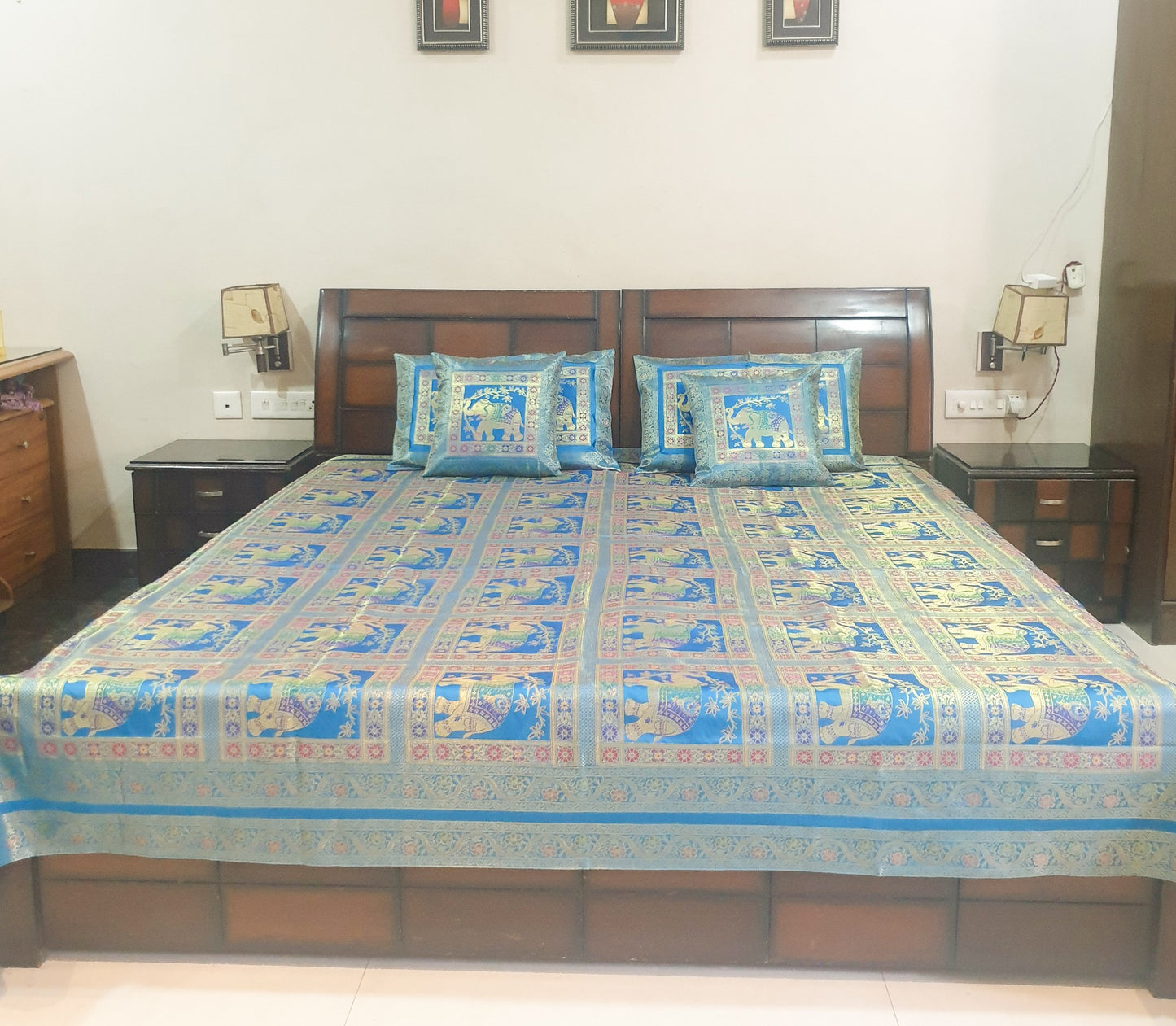 Banarasi Bed Cushion & Pillow Cover Set Elephant Turq. Blue Woven Brocade Gift