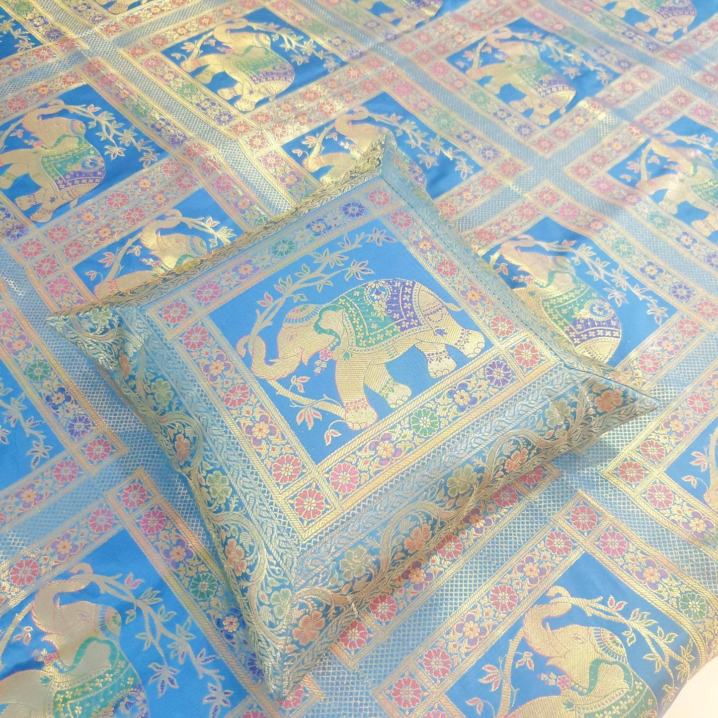 Banarasi Bed Cushion & Pillow Cover Set Elephant Turq. Blue Woven Brocade Gift